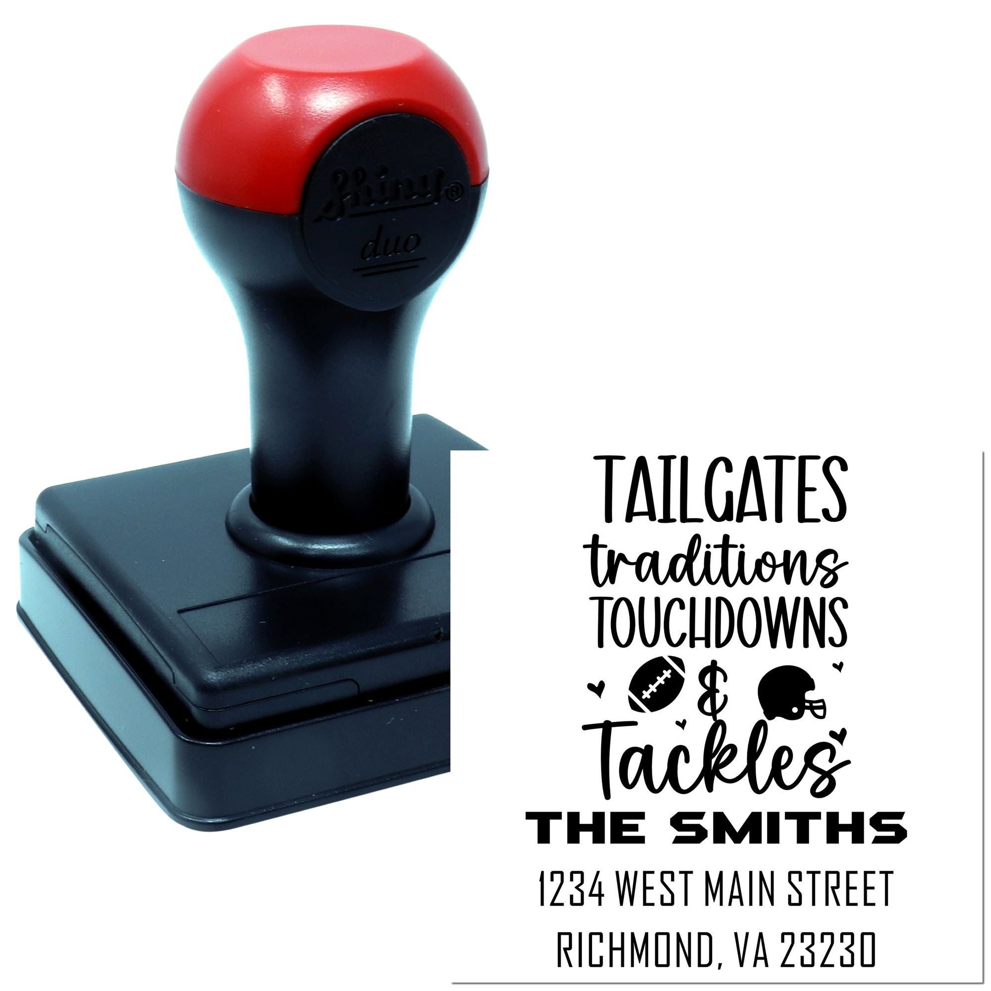 Custom self-inking rubber stamp with football tailgate slogan, family name, and address for personalized invitations and mail.