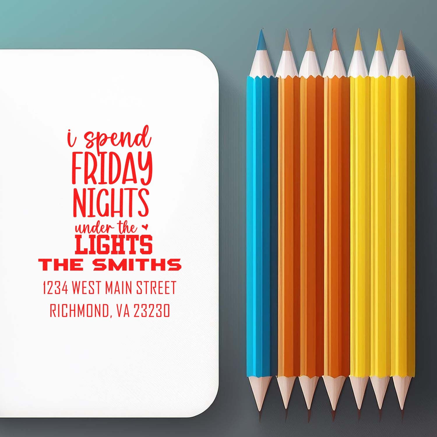 Custom address rubber stamp mockup reading I spend Friday nights under the lights with The Smiths and Richmond, VA.
