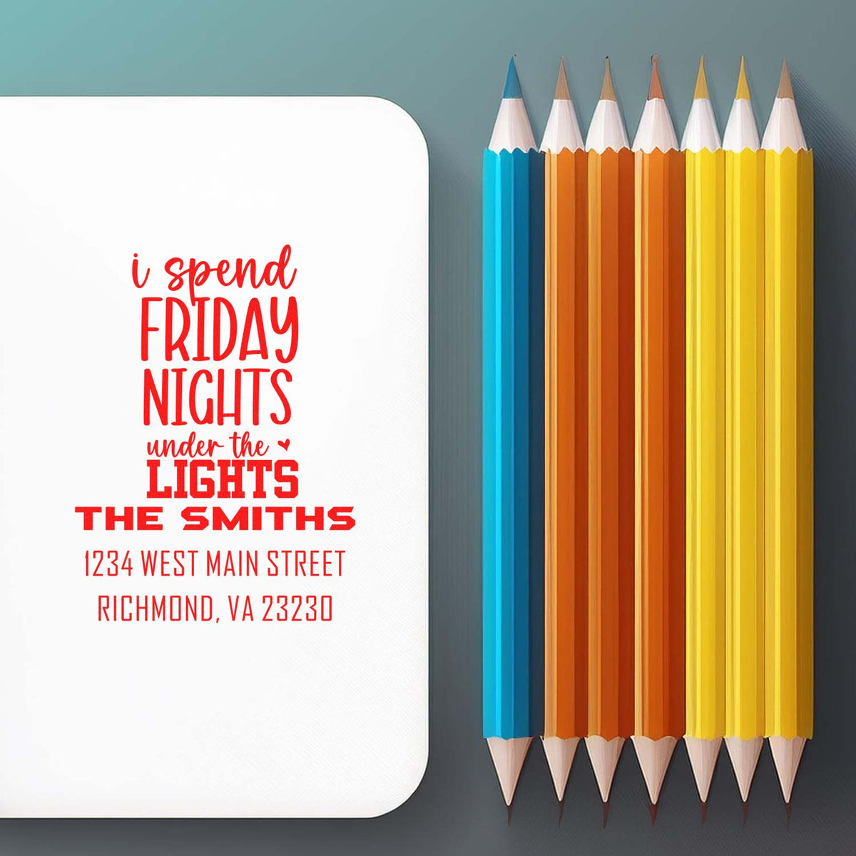 Custom rubber stamp with I spend Friday nights under the lights and personalized name and address for event branding.