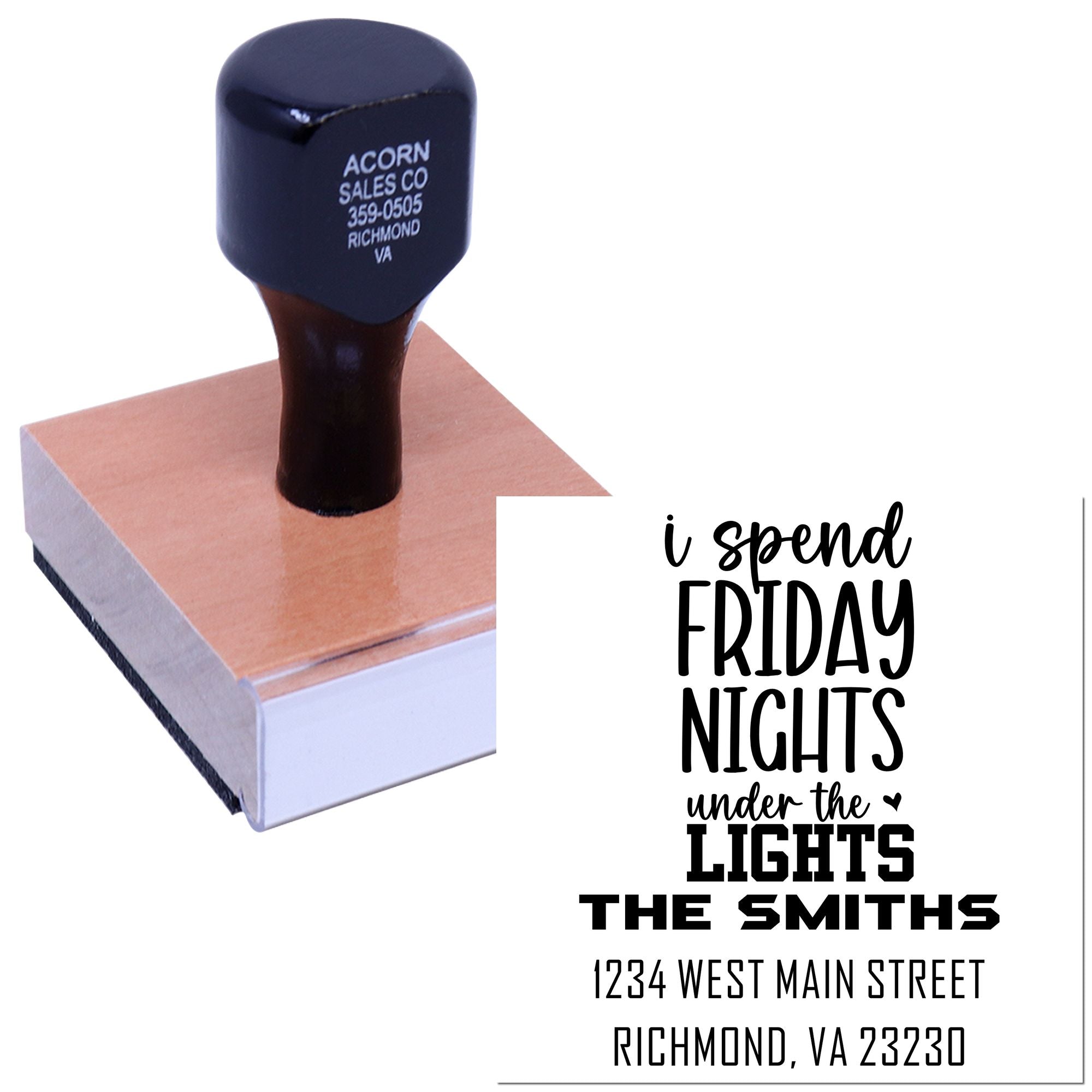 Custom rubber stamp for wedding invitations, featuring personalized address and Friday nights under the lights design.