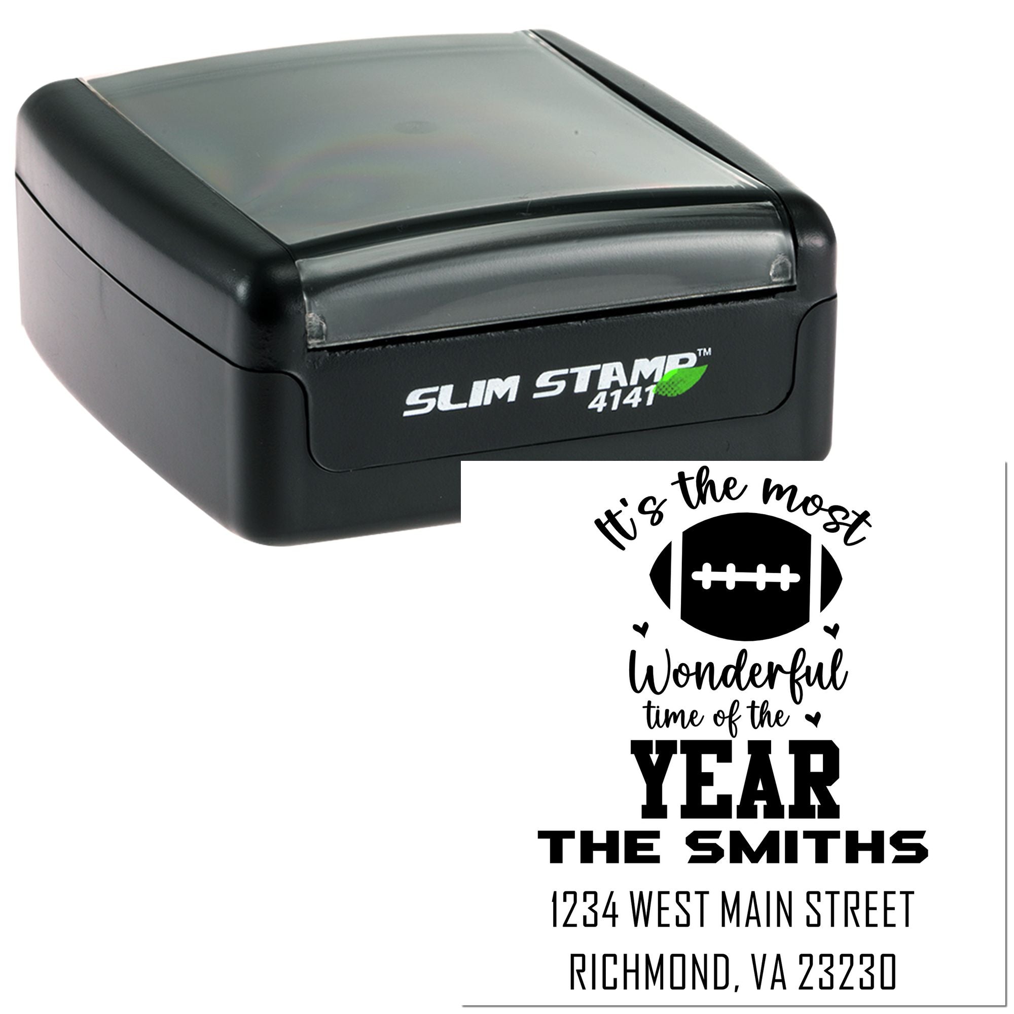 Custom self-inking rubber stamp with football design and family address, perfect for personalized holiday or game day mail.