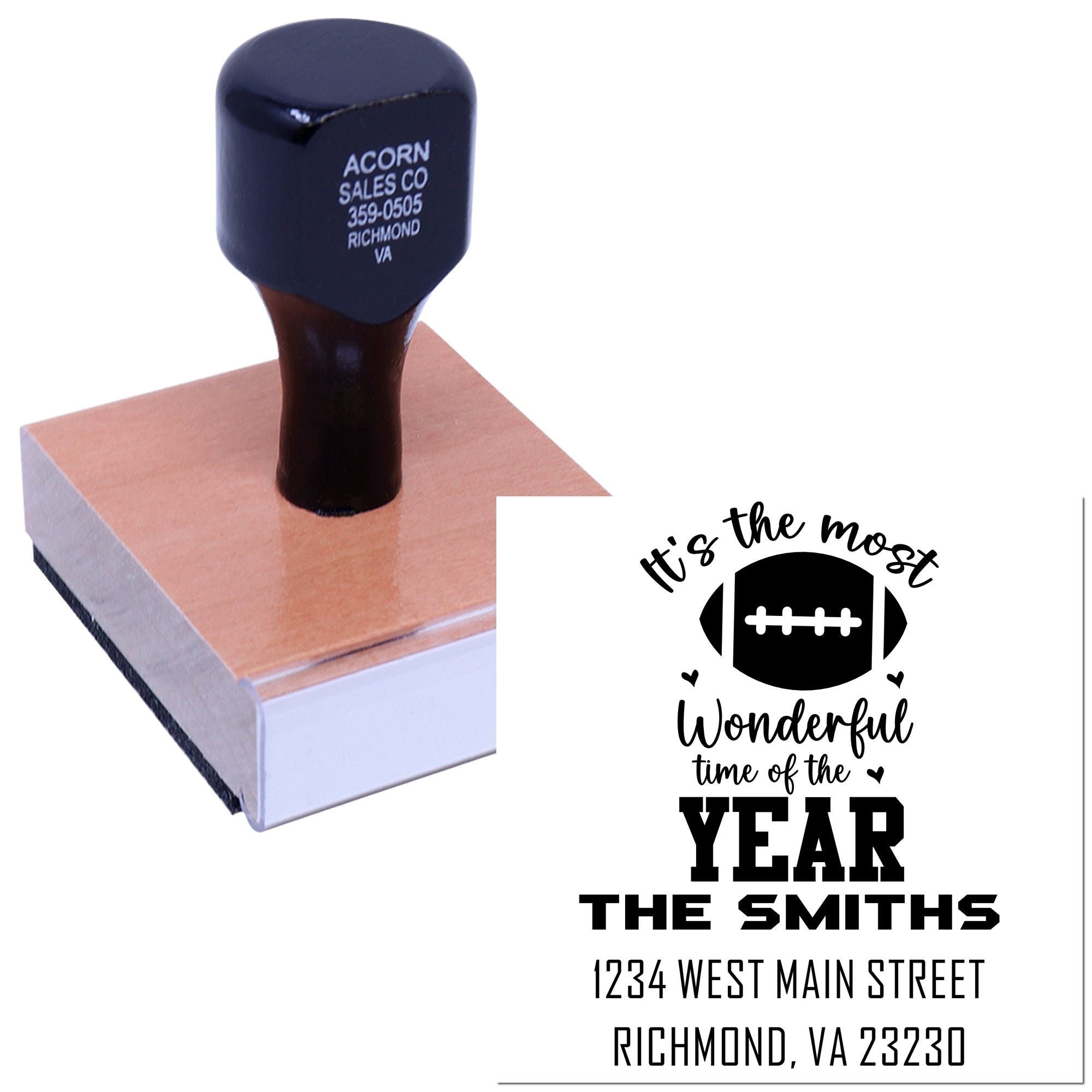 Custom football-themed rubber stamp with family name and address, shown as a personalized holiday address stamp design.