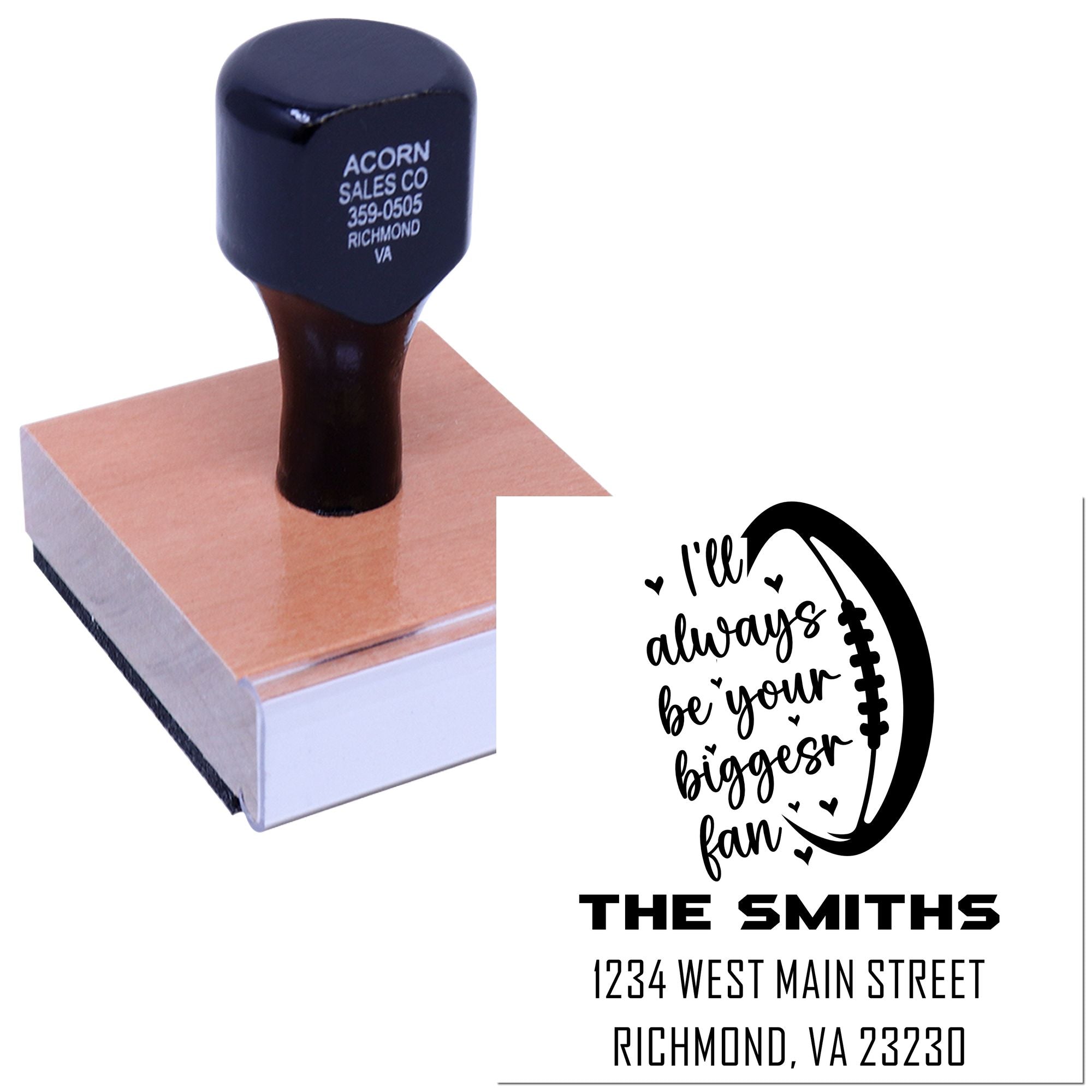 Personalized self-inking rubber stamp with football-themed Ill always be your biggest fan design and custom address