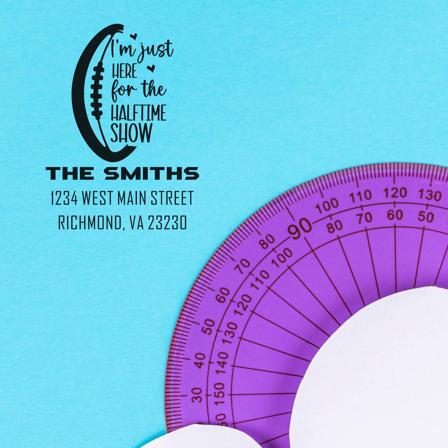 Custom football halftime show rubber stamp with The Smiths return address for personalized mailing labels