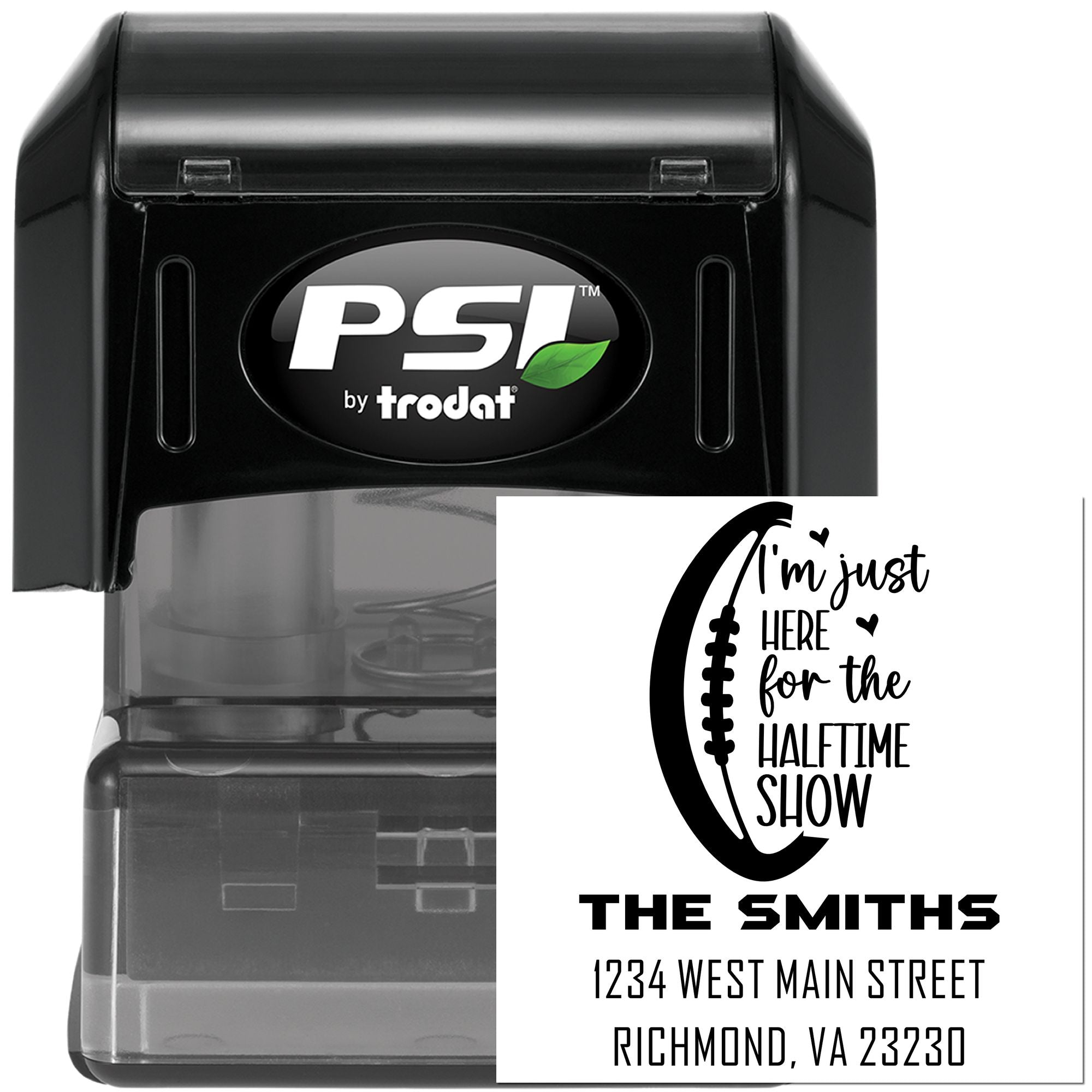 Custom PSI by Trodat self-inking rubber stamp with football halftime show design, name, and address.
