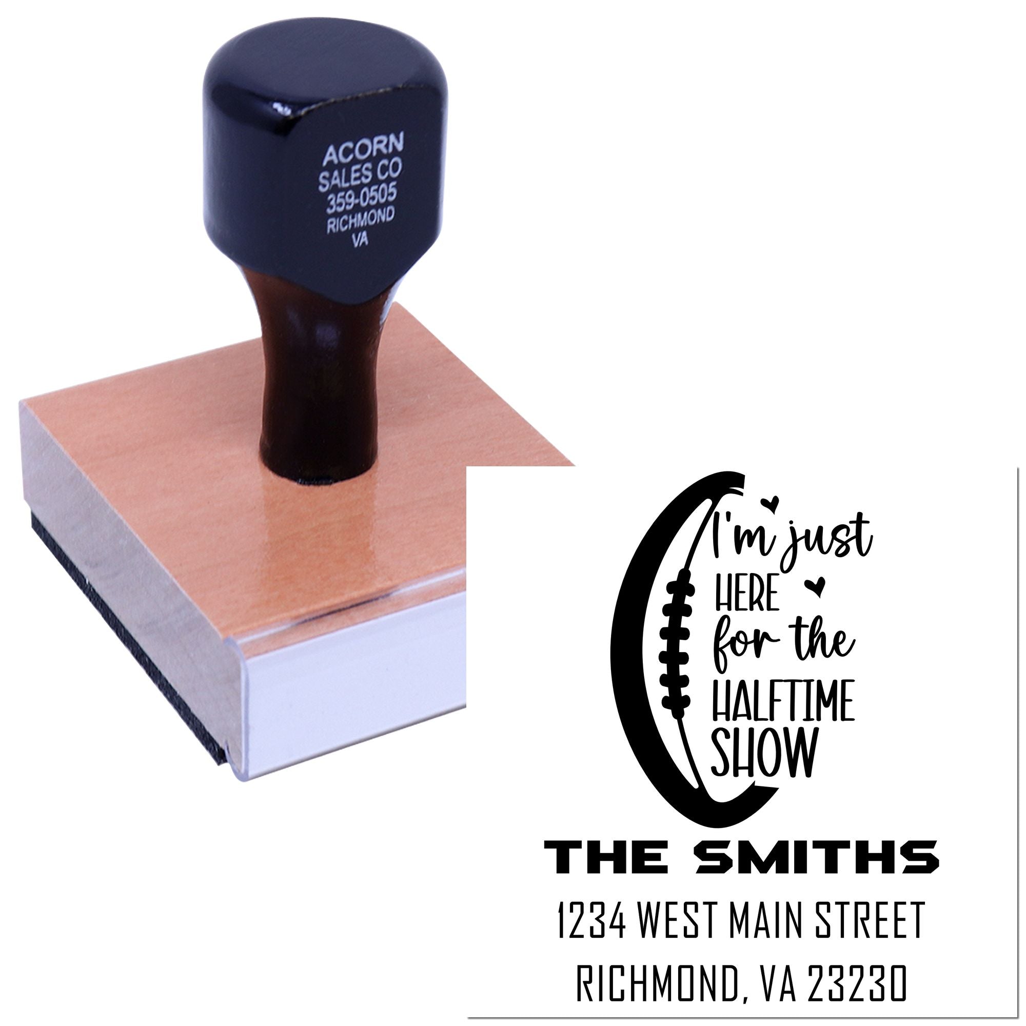 Personalized football-themed rubber stamp with halftime show design and custom family address for The Smiths.