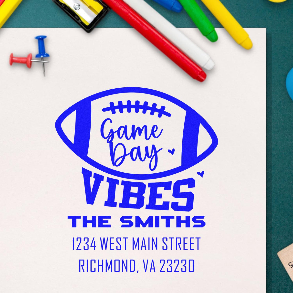 Custom football game day rubber stamp address for The Smiths, Richmond VA, perfect for invitations and fan-themed packaging.