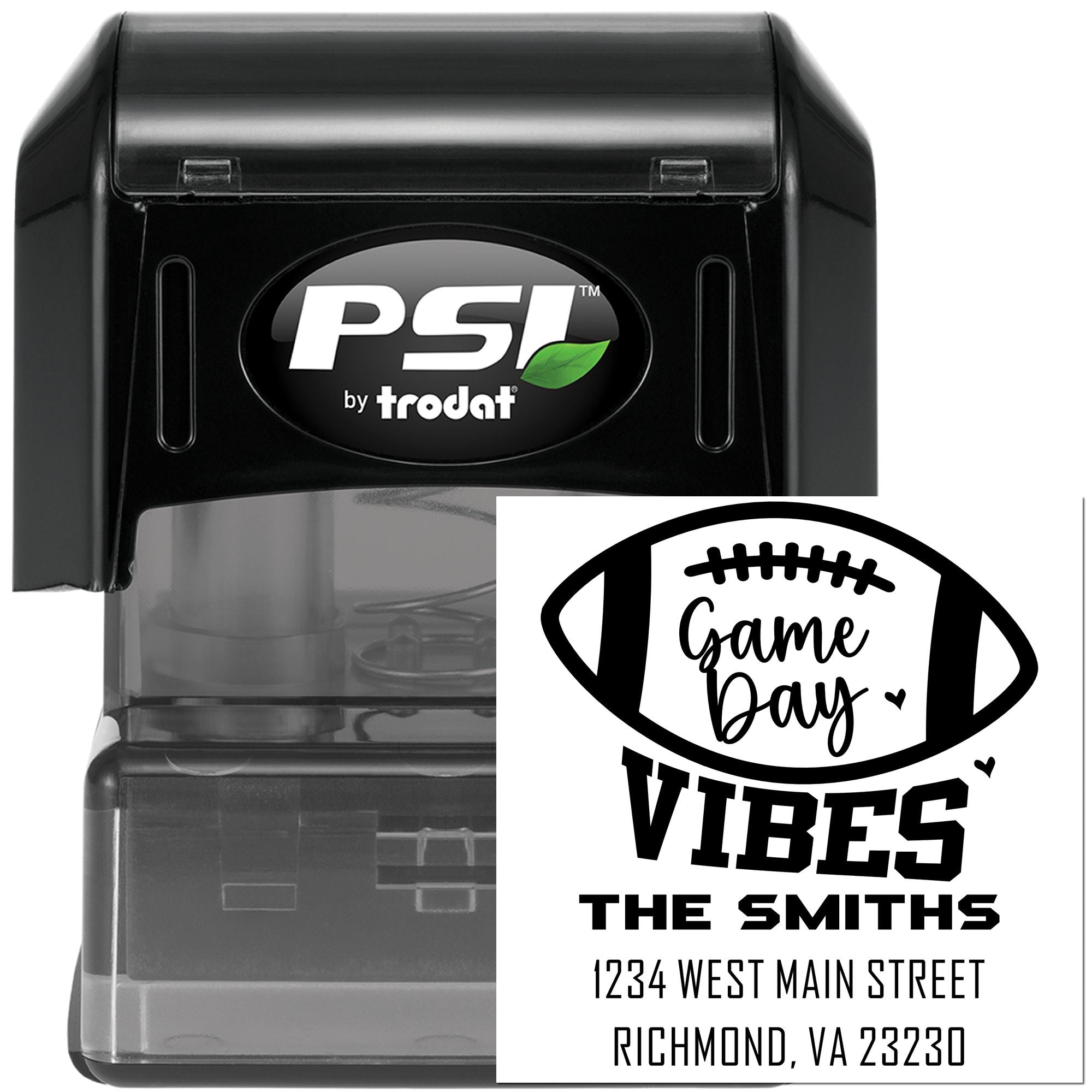 PSI by Trodat self-inking rubber stamp for football game day cards, featuring custom Game Day Vibes and address.