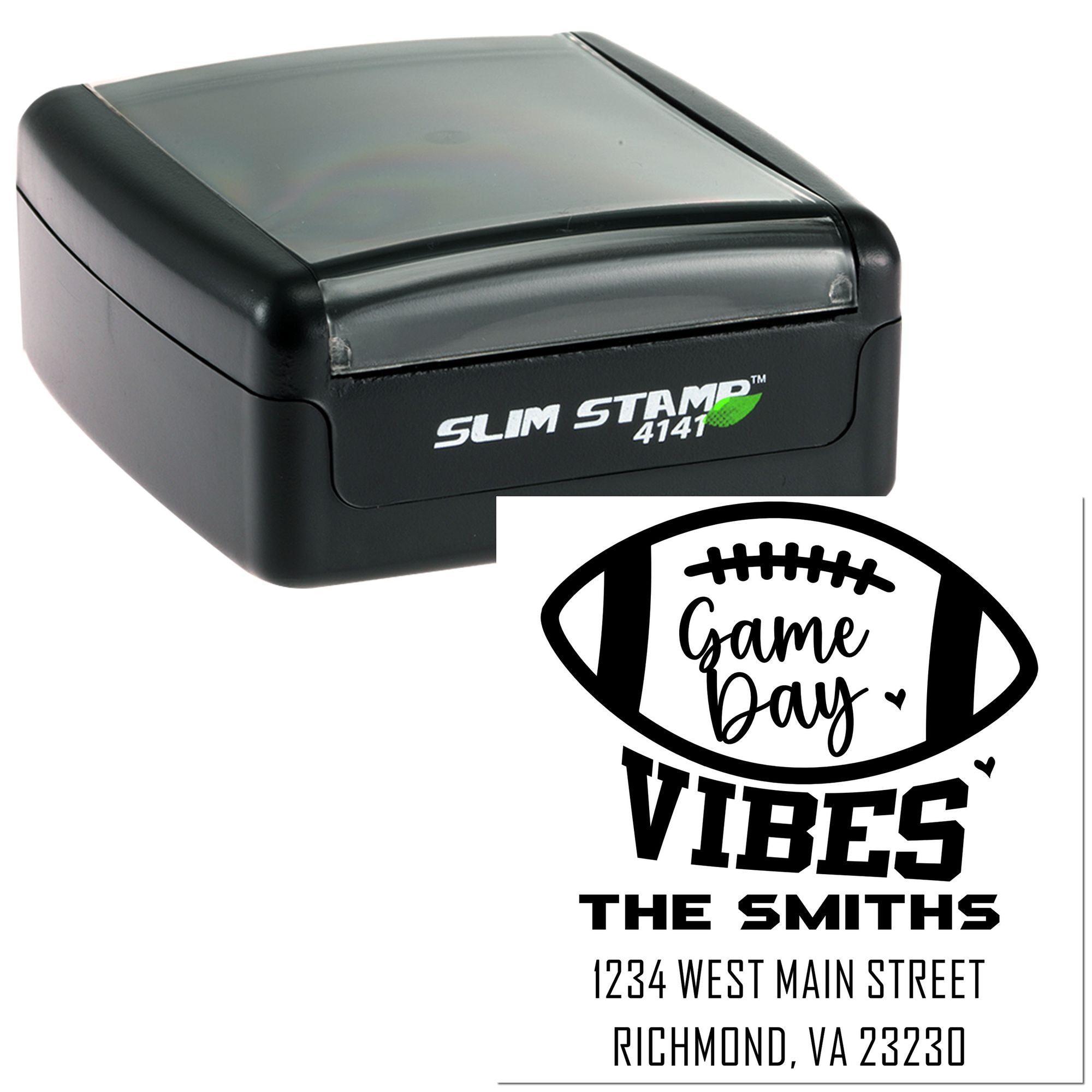 Custom football game day address rubber stamp for personalized mail, invitations, and team-themed stationery.