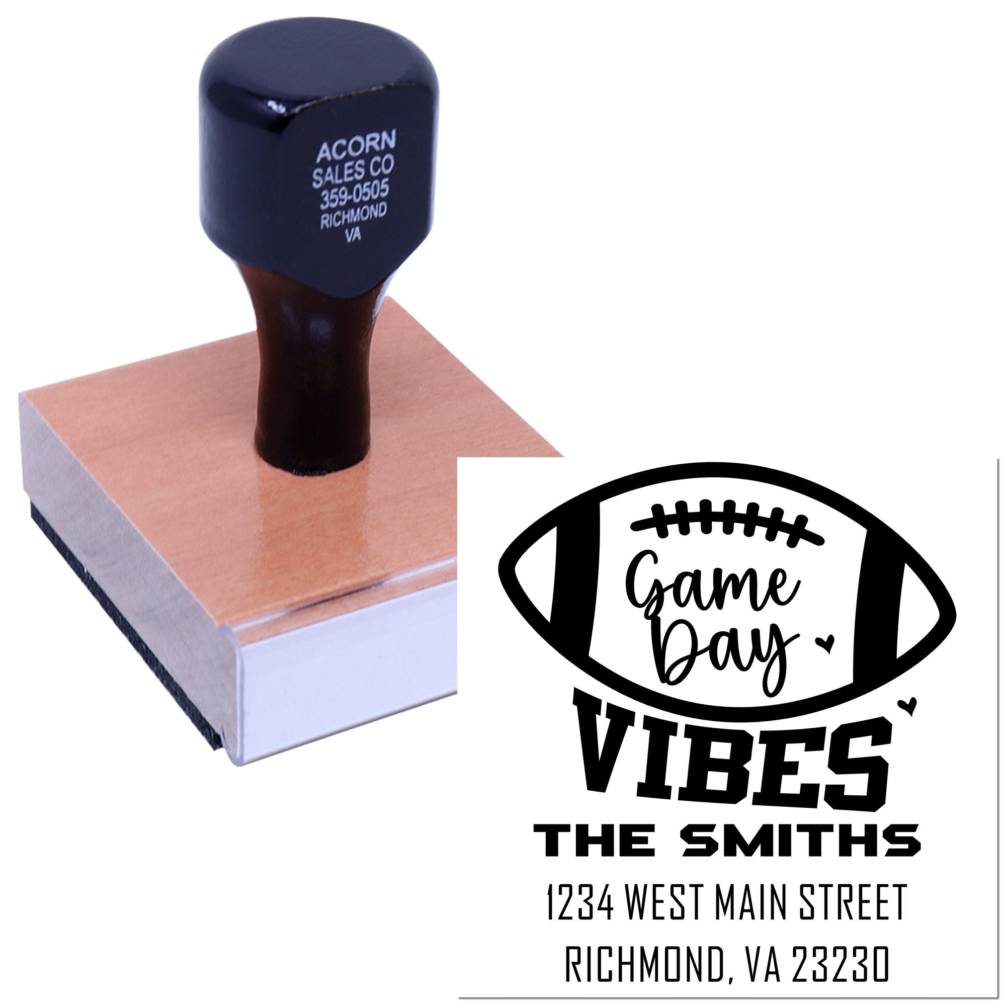 Custom football game day rubber stamp with personalized name and address for invites, cards, or mailings