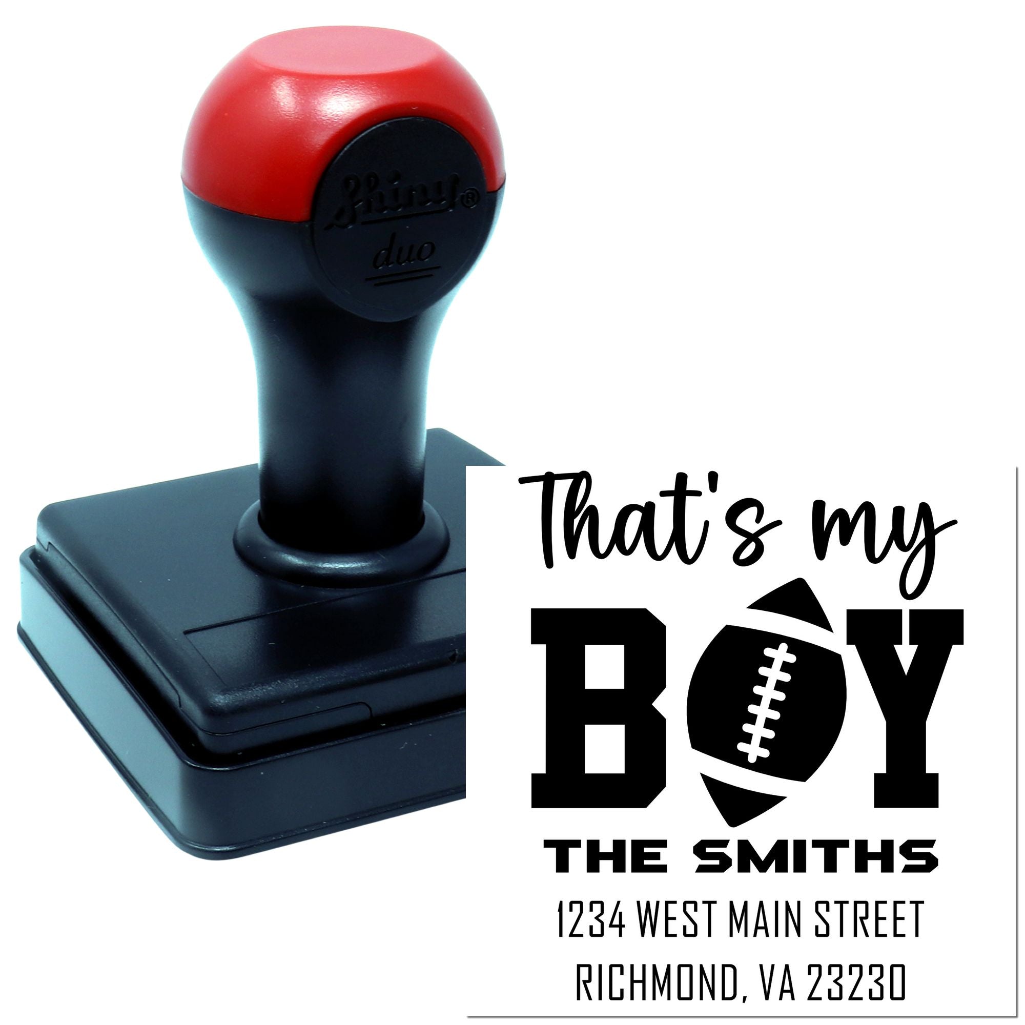 Custom football-themed return address rubber stamp with Thats My Boy design and personalized family name and address.