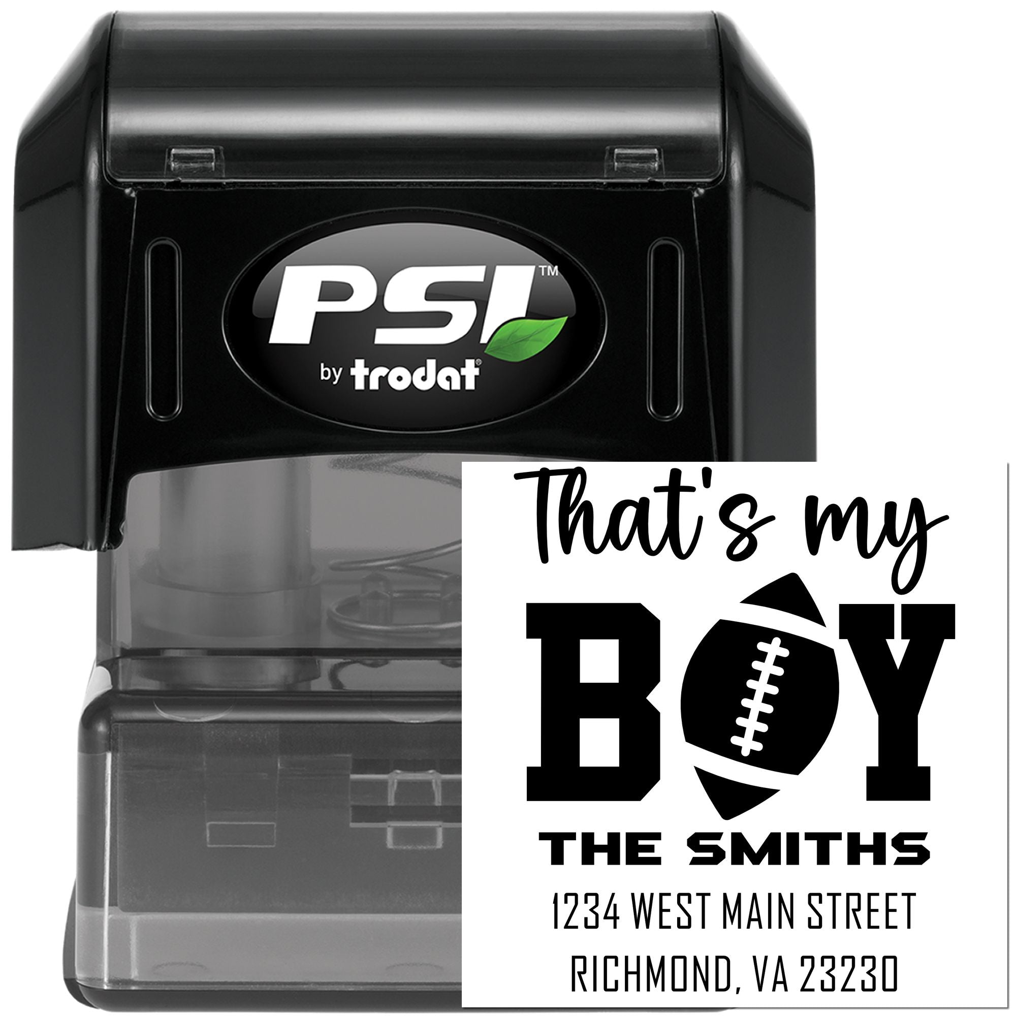 Custom self-inking PSI by Trodat rubber stamp with personalized football-themed family address imprint.