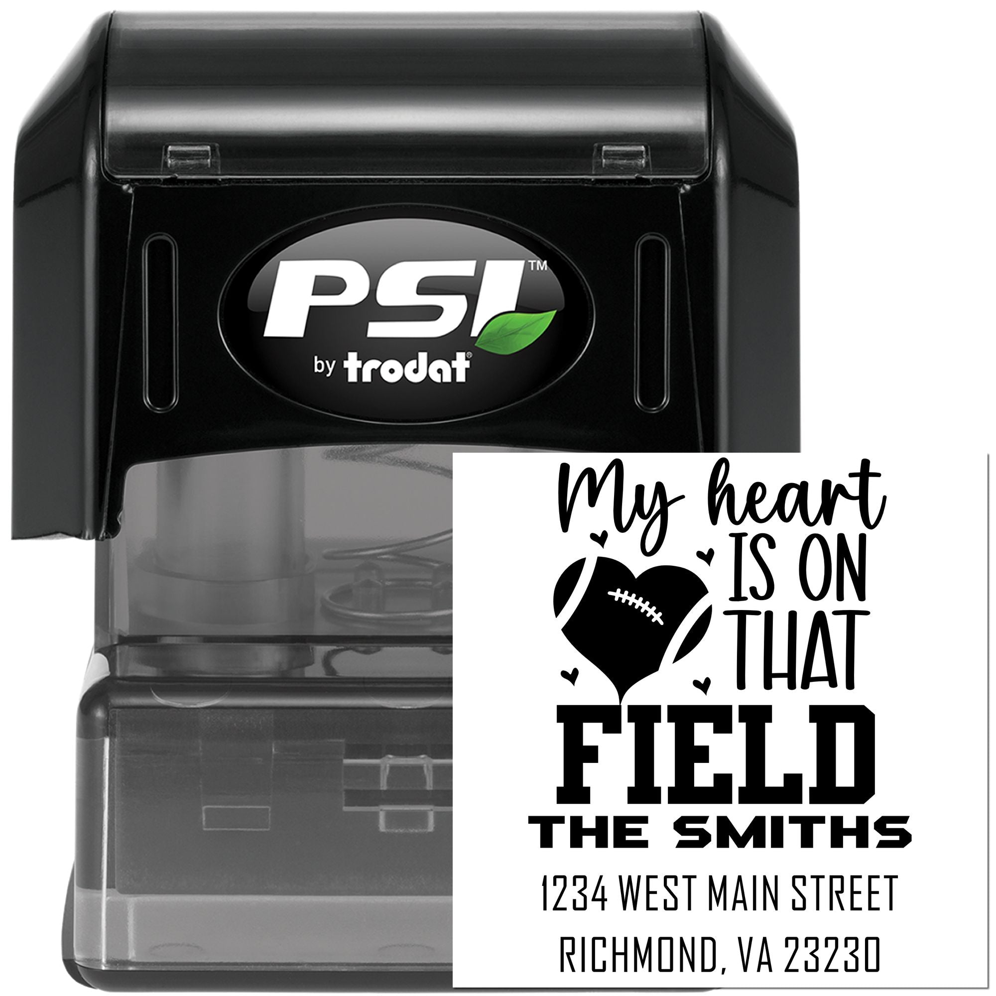 Custom self-inking rubber stamp for football fans, featuring a personalized family name and return address.