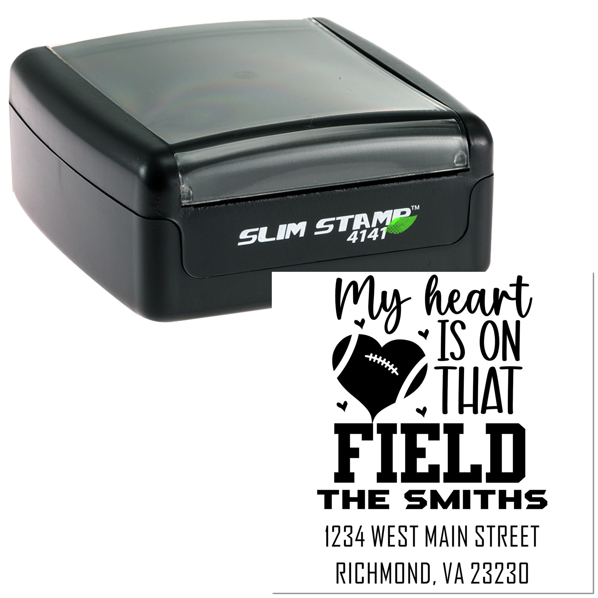 Custom self-inking rubber stamp with football heart design and return address imprint for personalized mail and gifts.