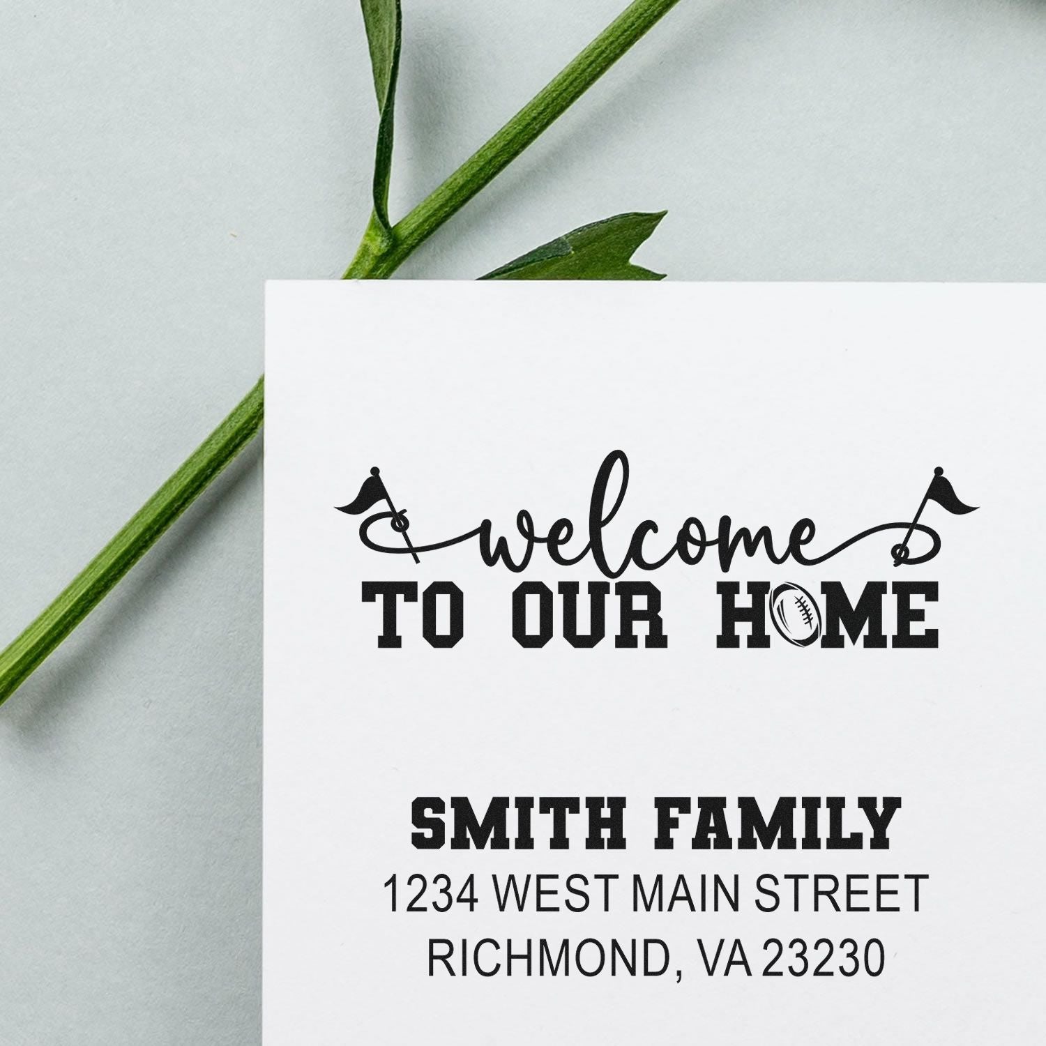Personalized welcome to our home custom address rubber stamp with Smith family name, address, and football design.