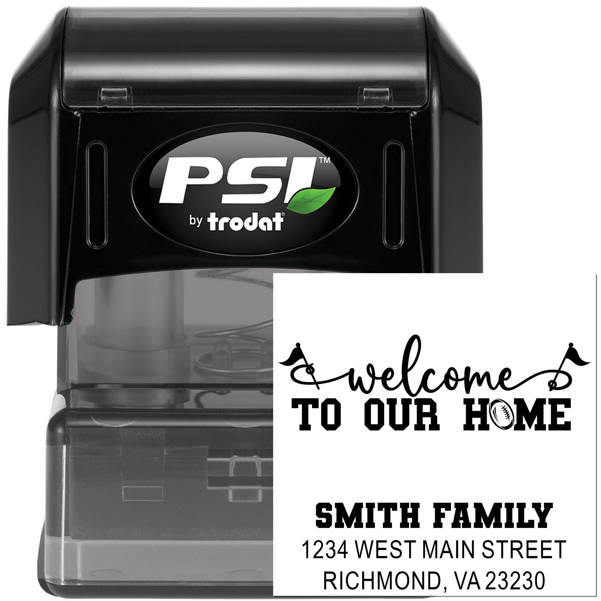 Custom self-inking rubber stamp with Welcome to Our Home Smith family address design by PSI by Trodat for personalized mailing.