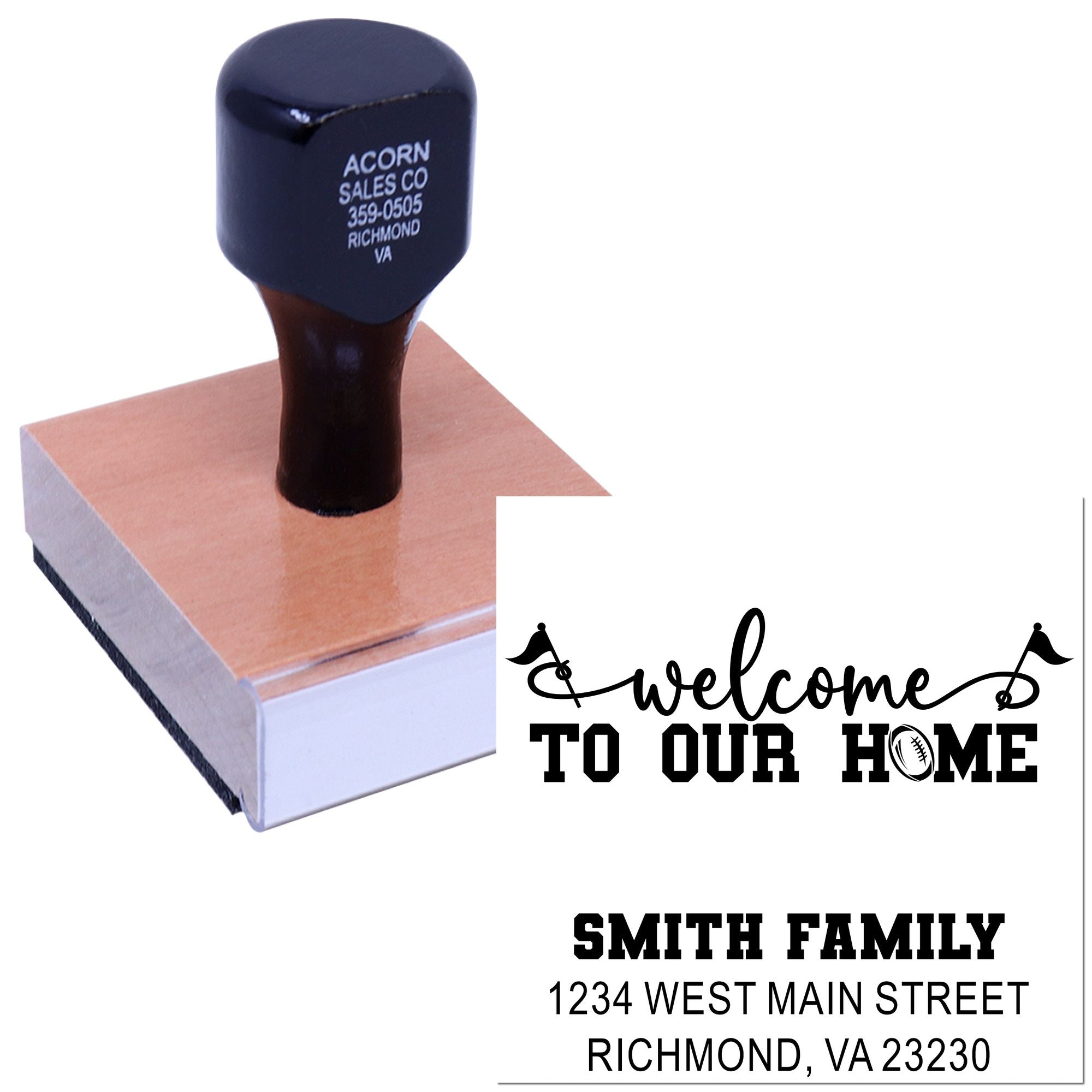 Custom welcome home rubber stamp with personalized Smith family name and Richmond, VA address for home decor, gifts, and invitations.