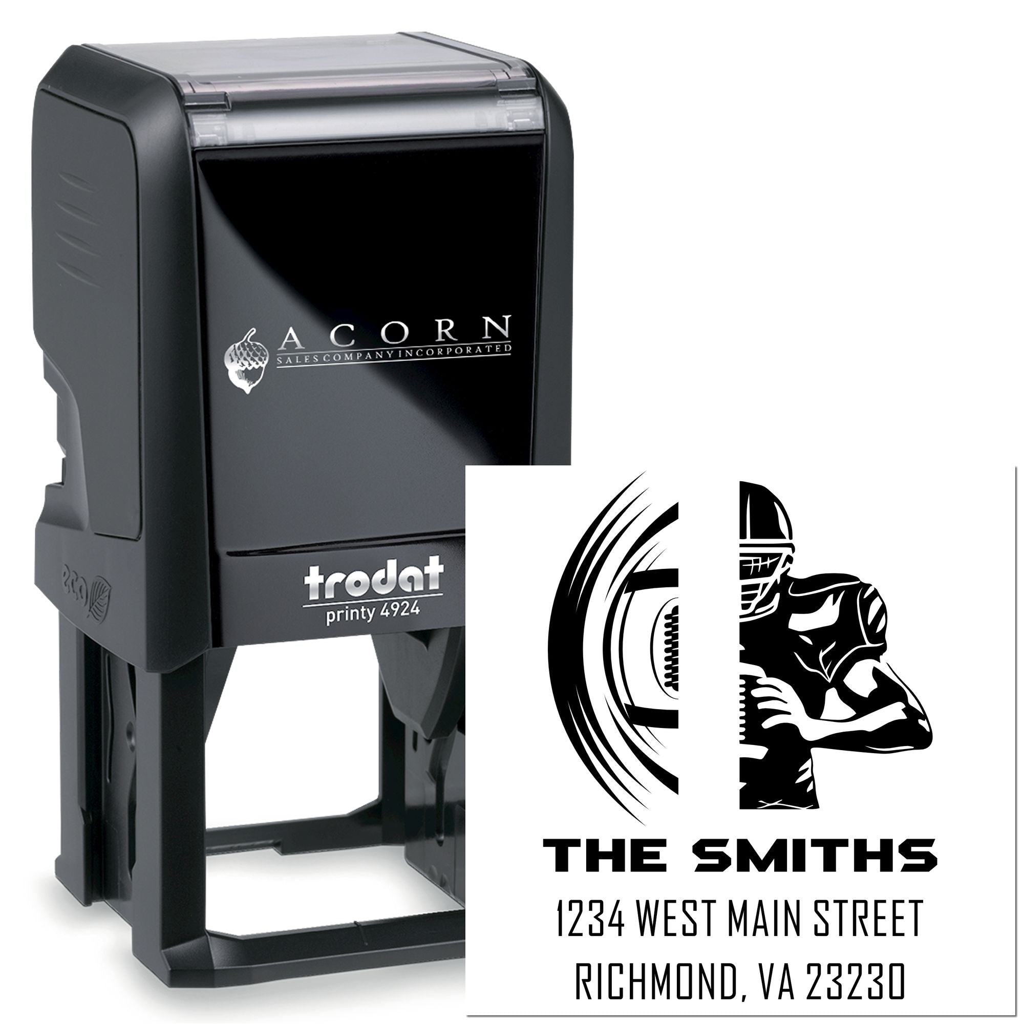 Custom self-inking Trodat Printy 4924 rubber address stamp for The Smiths with logo, name, and Richmond, VA return address.