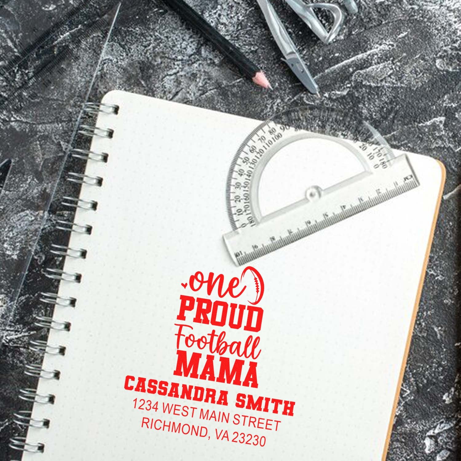 Custom football mama rubber stamp with name and address, perfect for personalized sports stationery and gifts.