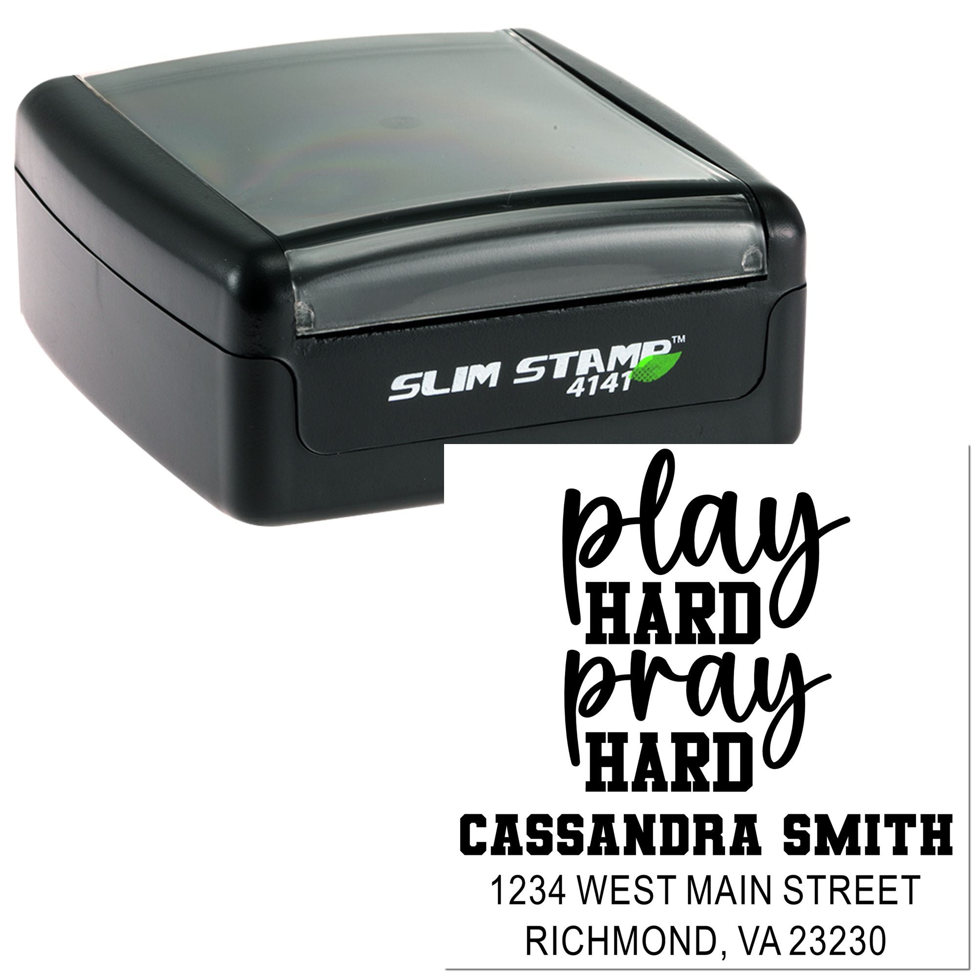 Custom self-inking rubber address stamp with play hard pray hard design, name, and Richmond, VA return address.