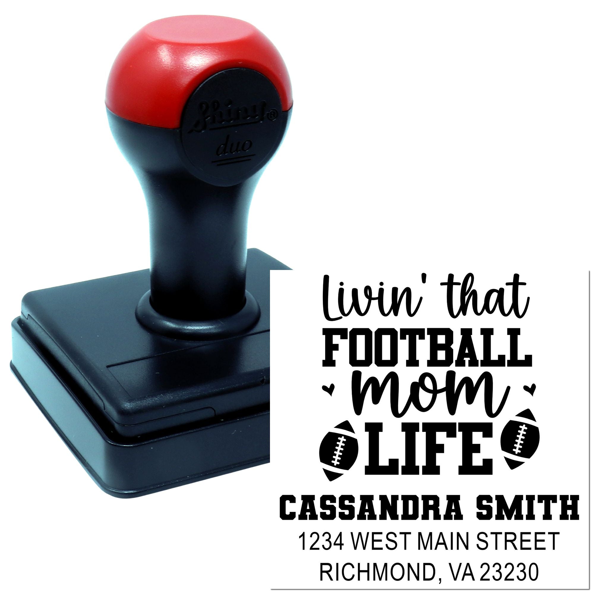 Personalized football mom address rubber stamp with custom name and return address for sports-themed mail and crafts
