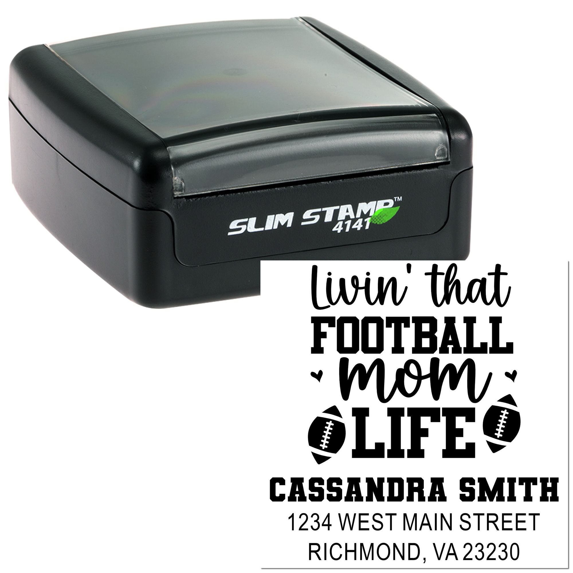 Self-inking rubber stamp for football mom mailings, featuring custom Livin that Football Mom Life name and address imprint.