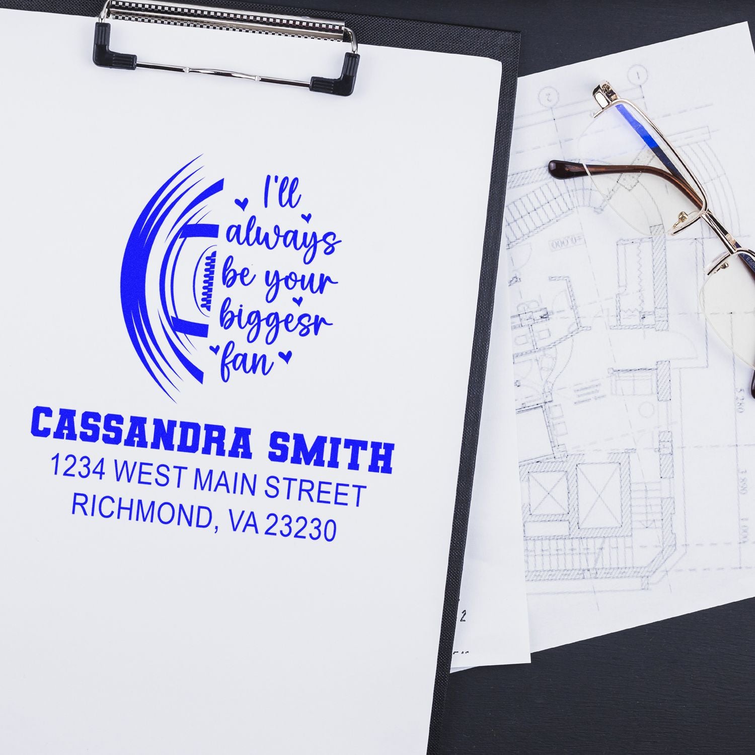 Custom rubber stamp design with motivational message, name, and address imprint for personalized business or fan gifts.