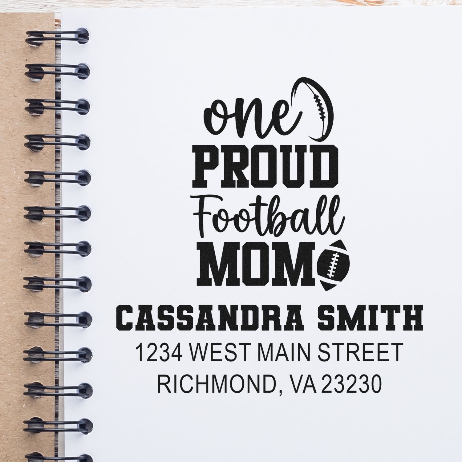 Custom One Proud Football Mom rubber stamp with name and address for personalized return address or gift labeling.