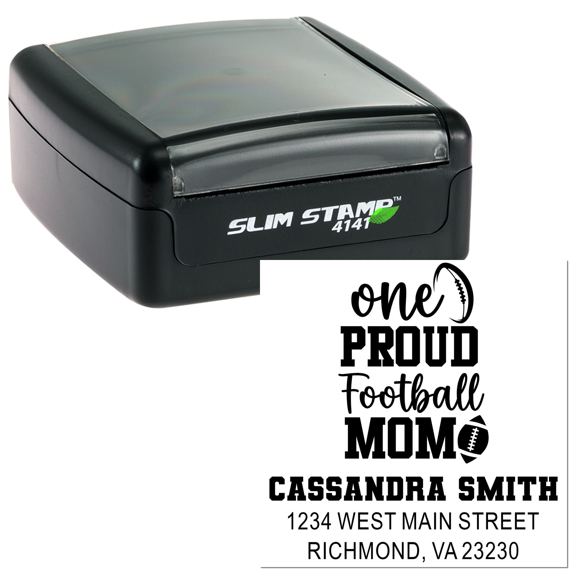 Personalized self-inking rubber stamp for a proud football mom, featuring name, address, and sports-themed return address.