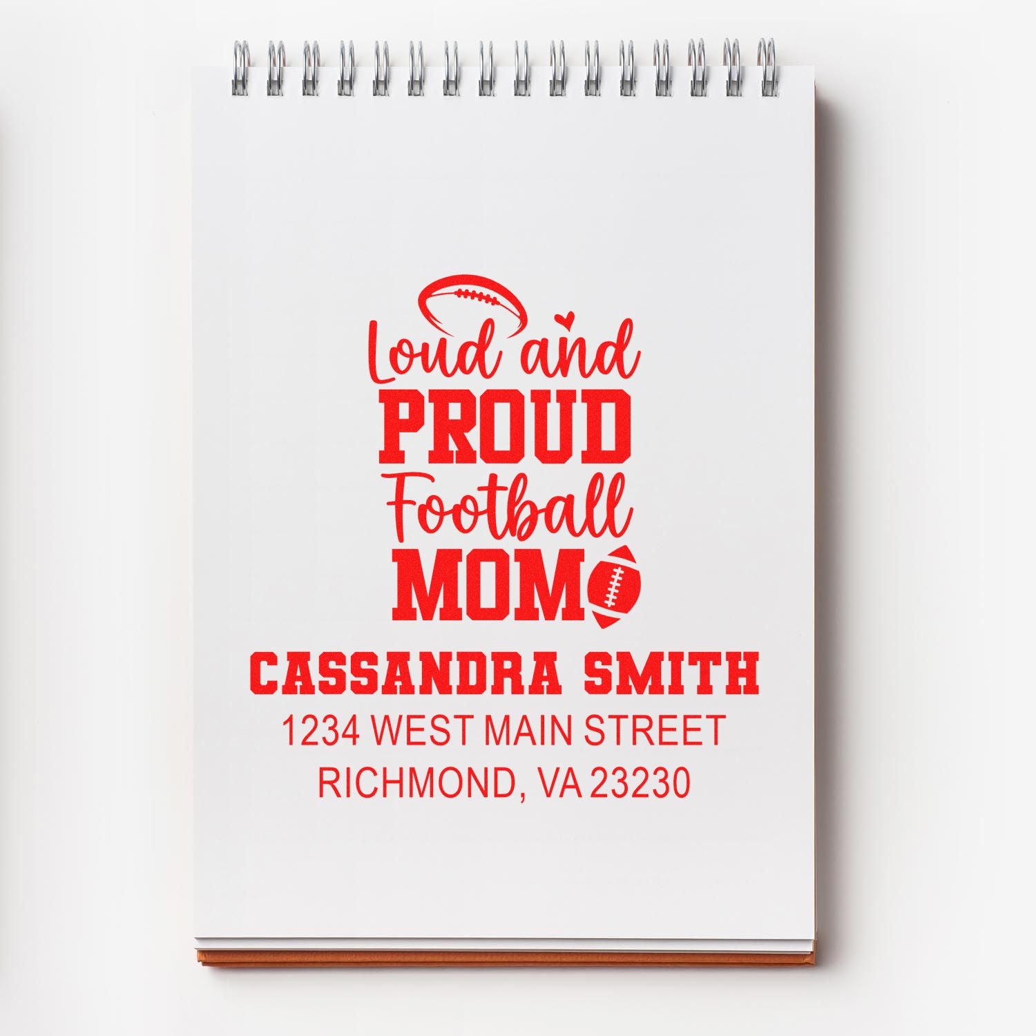 Loud and Proud Football Mom custom rubber stamp with name and address for personalized return address use.