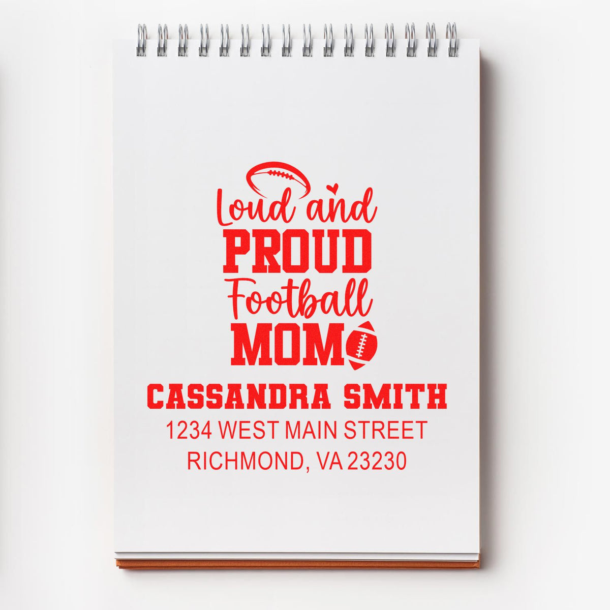 Custom rubber stamp design for a Loud and Proud Football Mom, featuring Cassandra Smith and her Richmond, VA address.