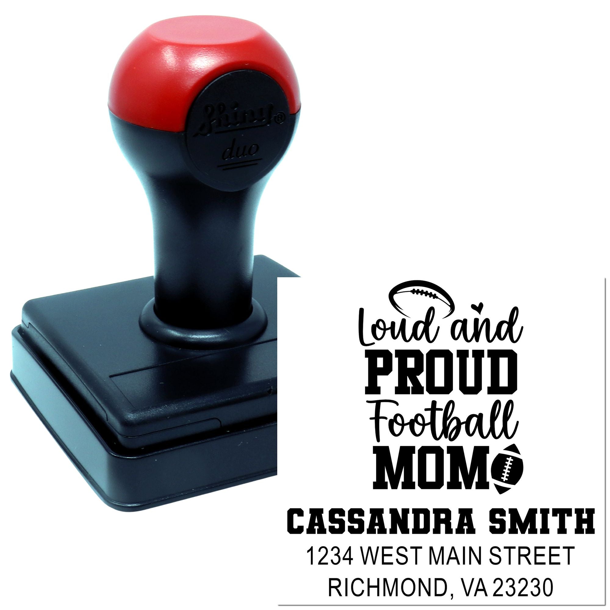 Custom self-inking rubber stamp with football mom design, name, and address for personalized mailing and crafts.