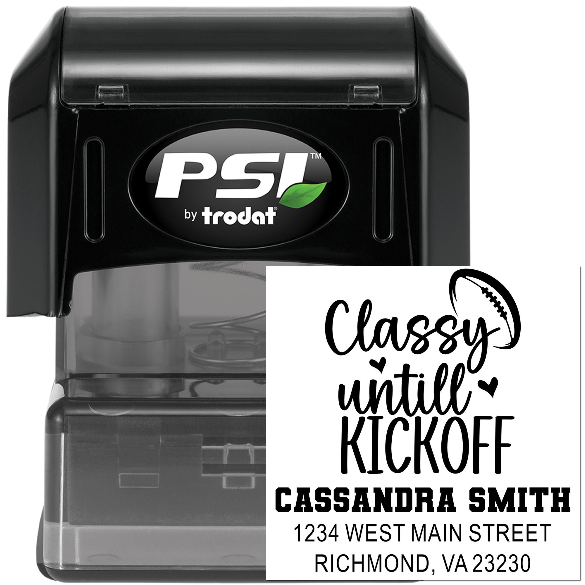PSI by Trodat self-inking custom address rubber stamp with Classy until kickoff football design