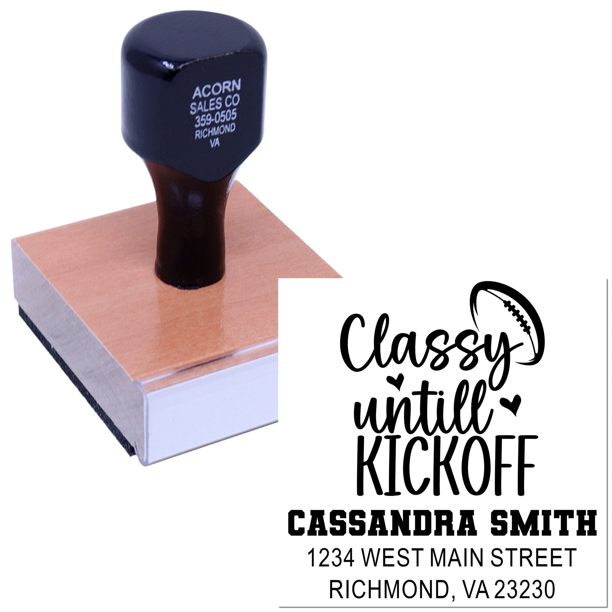Personalized rubber stamp with football-themed Classy until Kickoff name and address design for invitations.