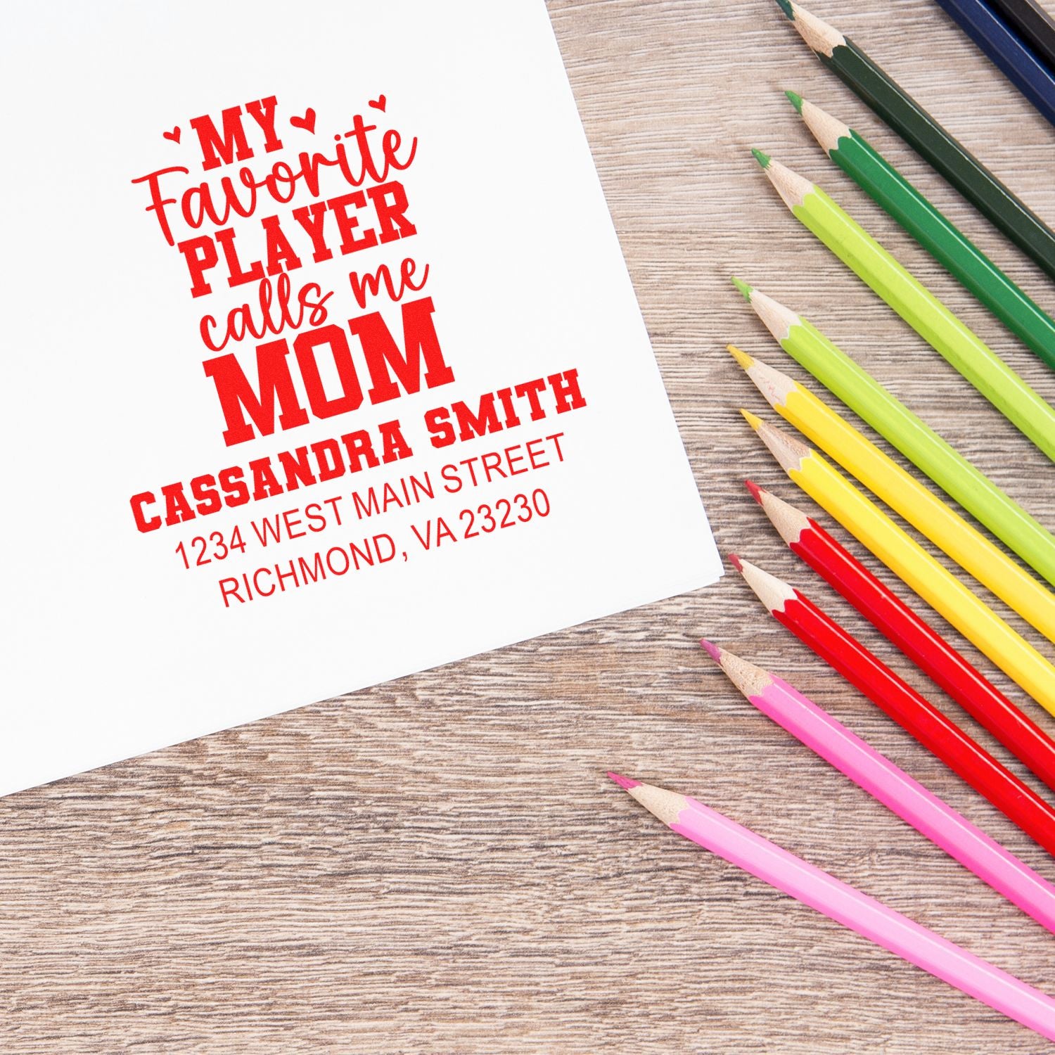 Custom rubber stamp gift for mom with My favorite player calls me Mom and personalized name and address.