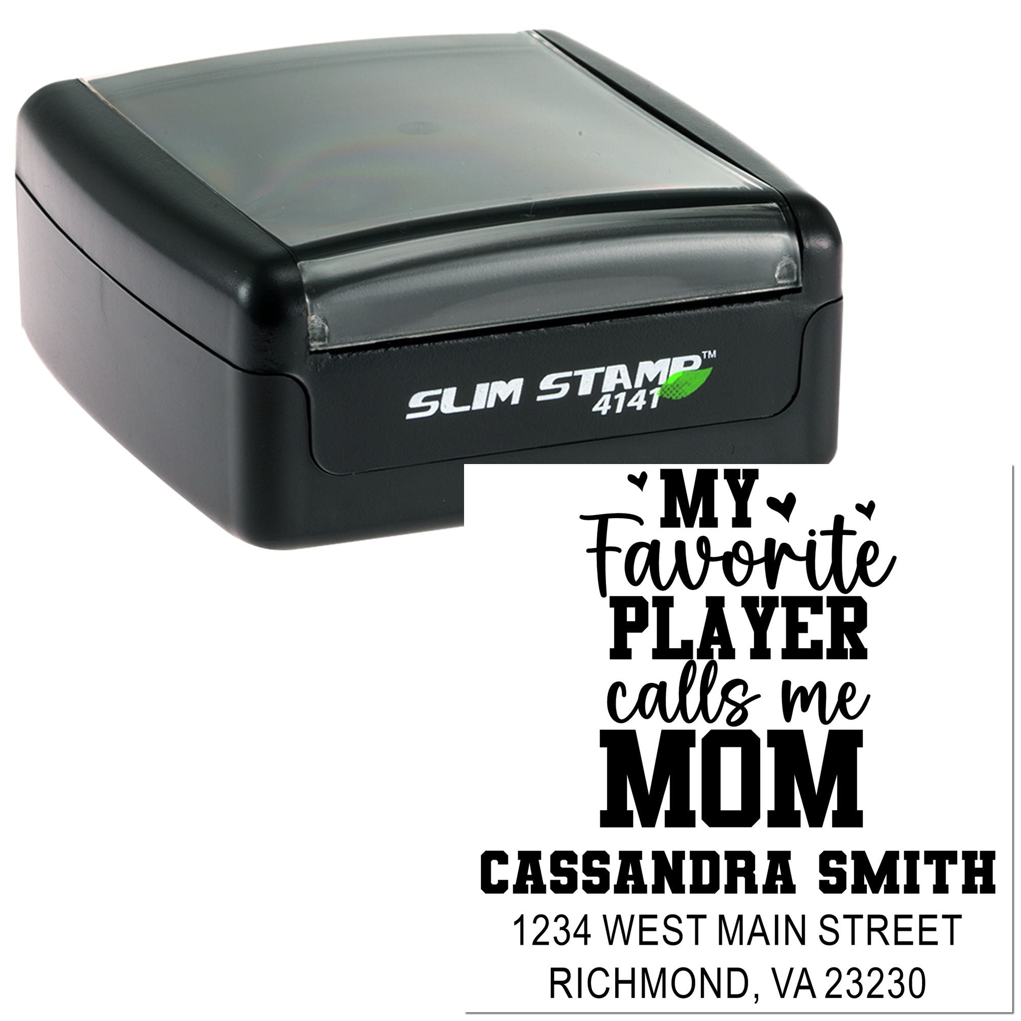 Custom self-inking rubber stamp with My favorite player calls me Mom design and personalized return address for sports moms.