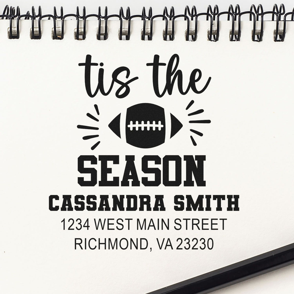 Custom football season return address rubber stamp with personalized name and Richmond, VA address.