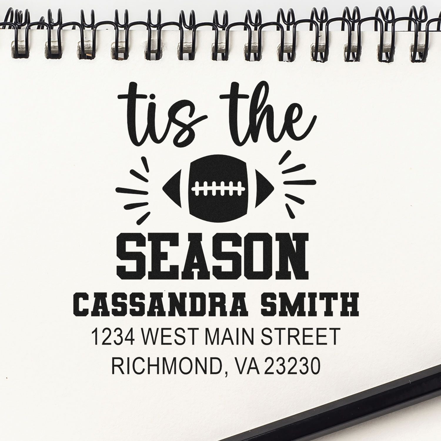 Custom football season rubber stamp design with personalized name and address for sports-themed cards, mail, or packaging.