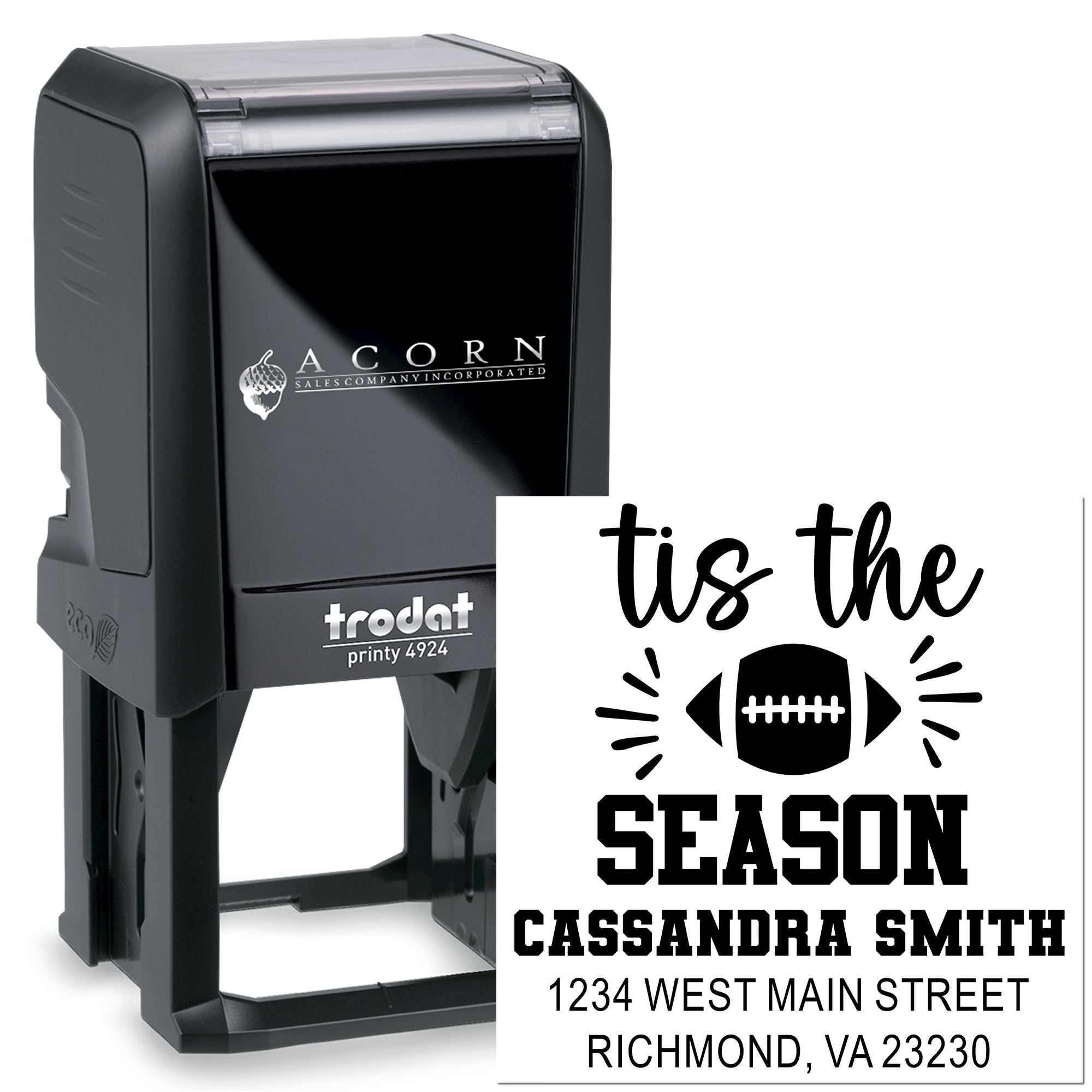 Custom self-inking rubber stamp with Tis the Season football design and personalized address imprint
