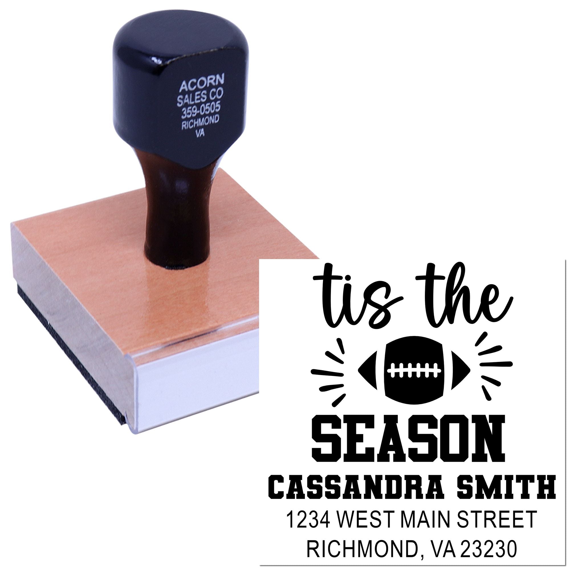 Custom football season rubber stamp featuring tis the season and a personalized name and address for mailing or game-day branding.