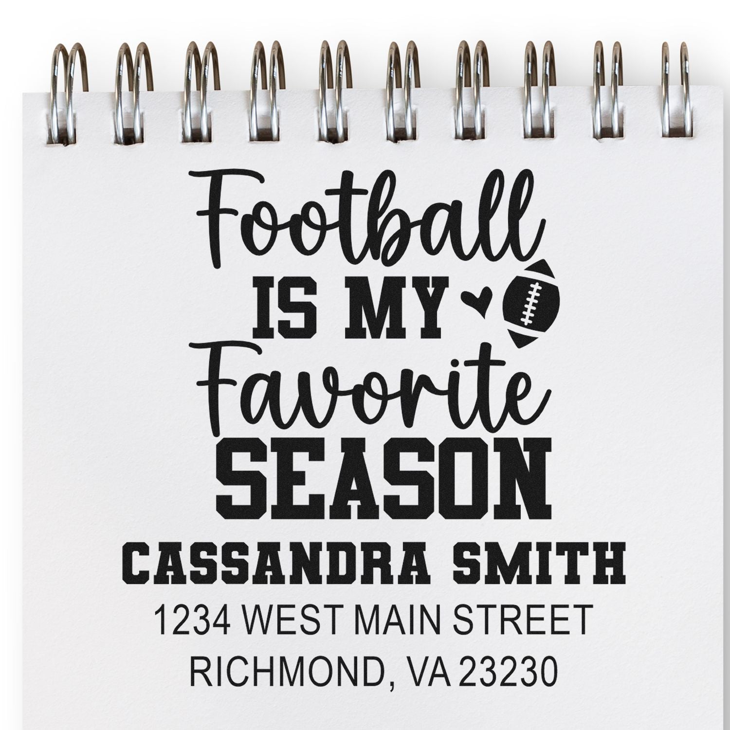 Football is My Favorite Season custom rubber stamp with name and address for personalized sports-themed stationery.