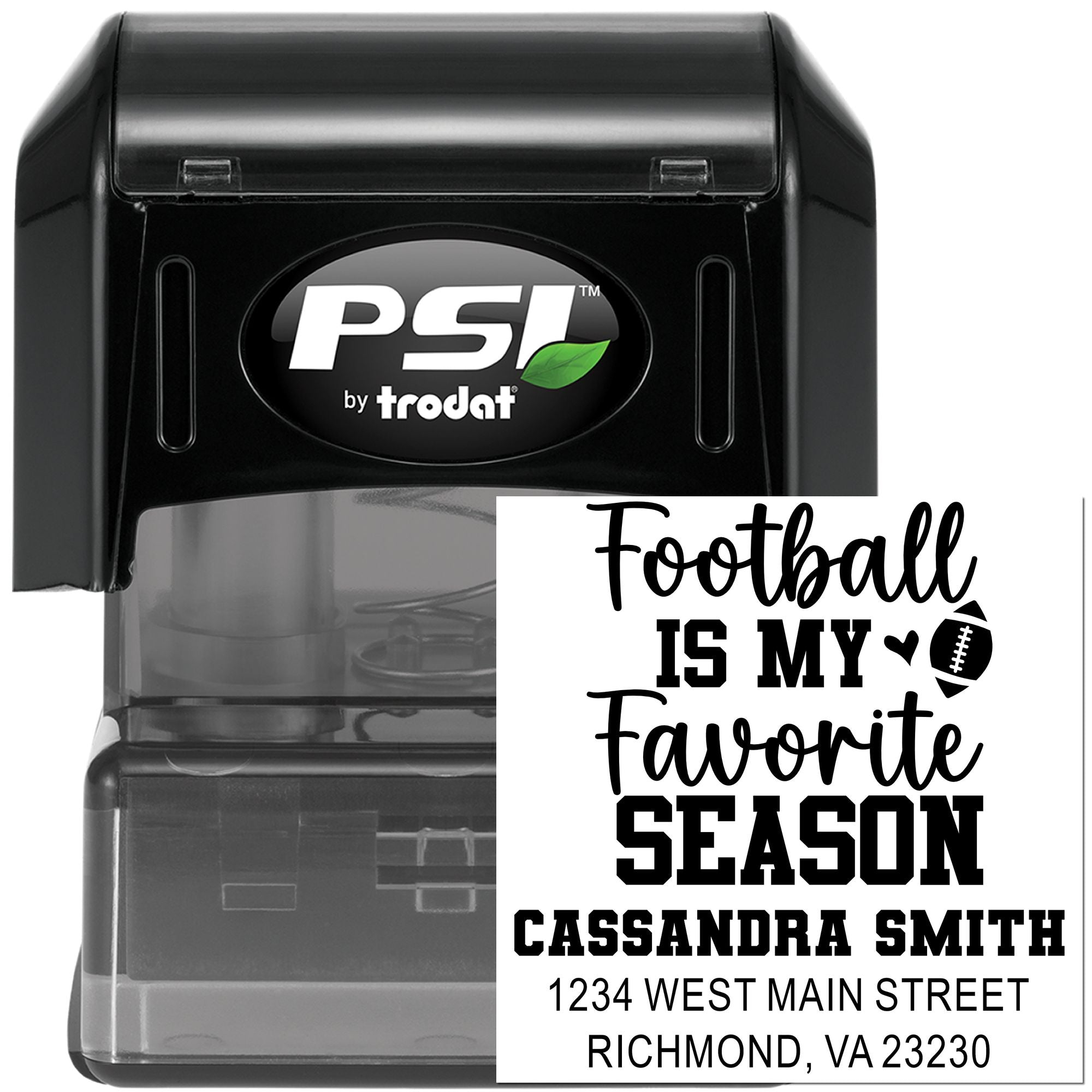 Custom self-inking rubber stamp by PSI Trodat with football is my favorite season design and address imprint.