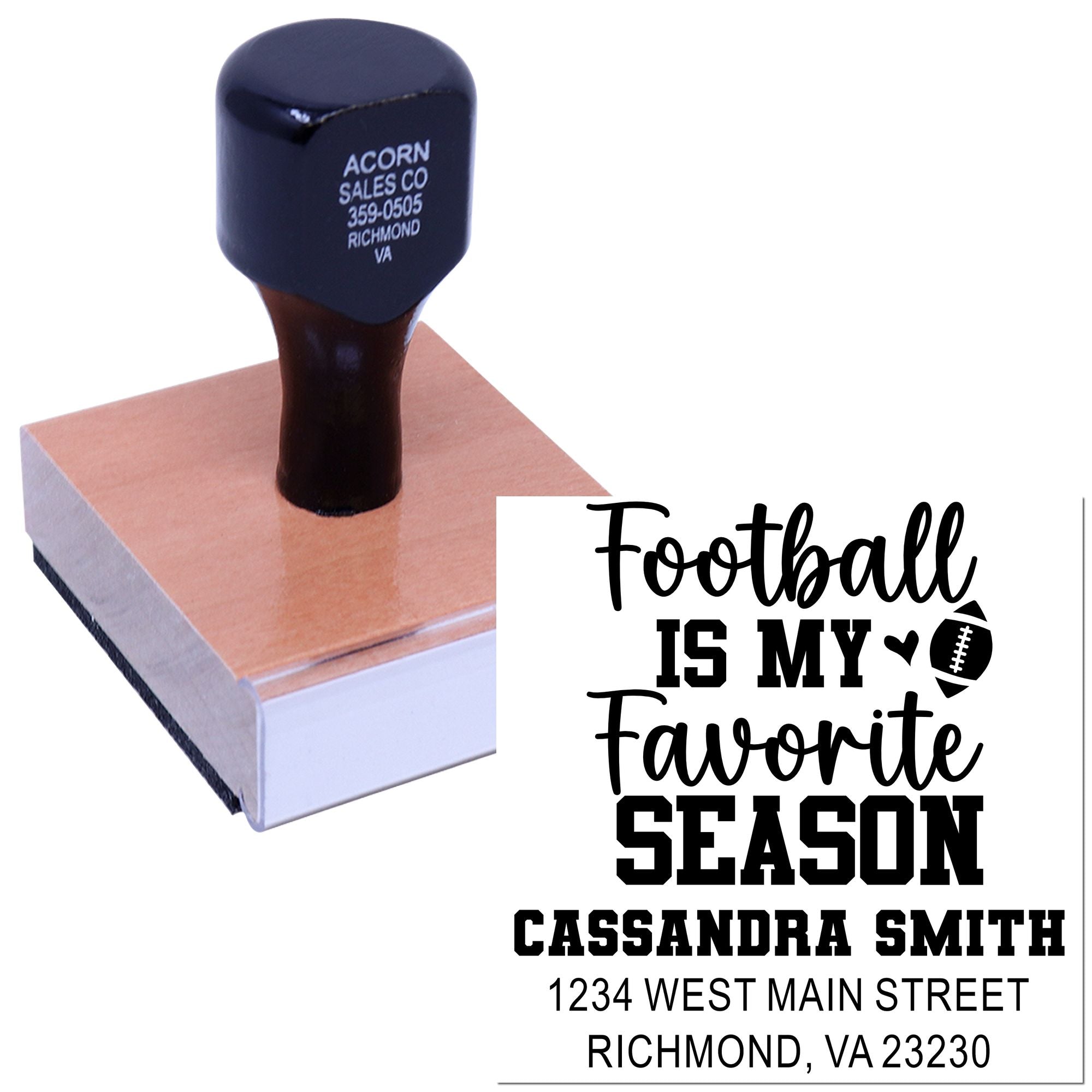 Custom football rubber stamp with personalized name and address for seasonal stationery and fan mail.