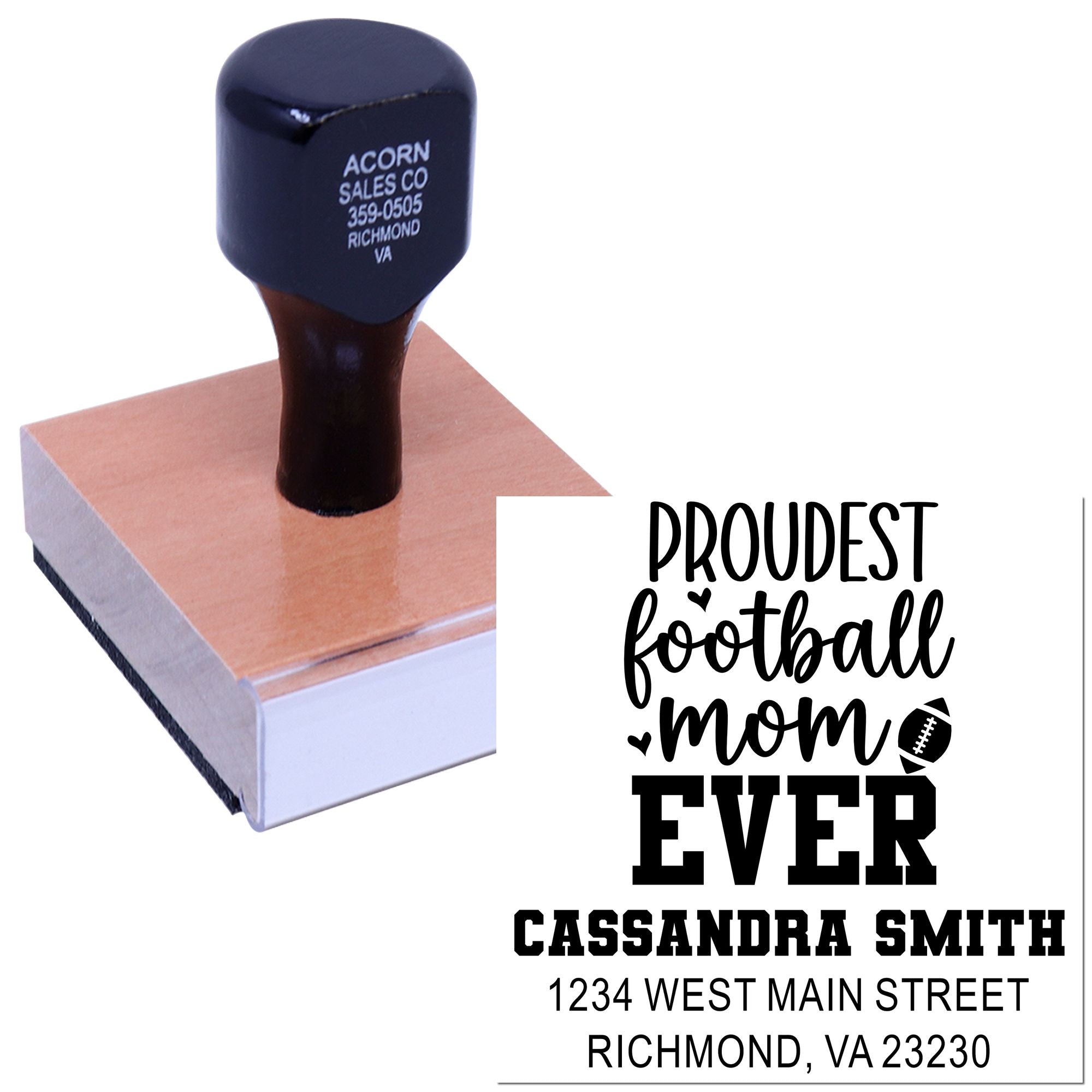 Custom football mom rubber stamp with personalized name and address for handmade cards, labeling, and team fan gifts.