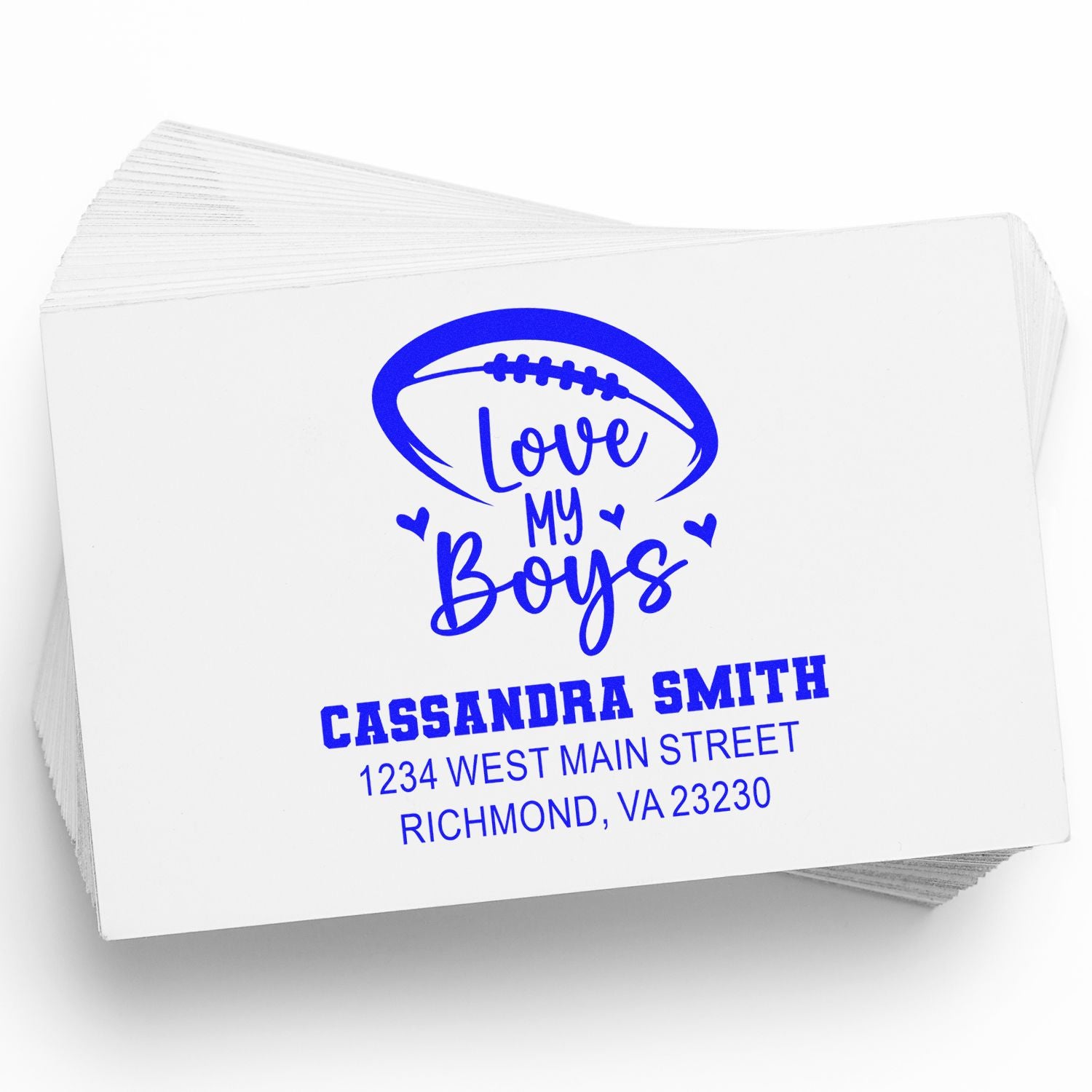 Custom return address rubber stamp with Love My Boys football design and personalized name and address for envelopes.