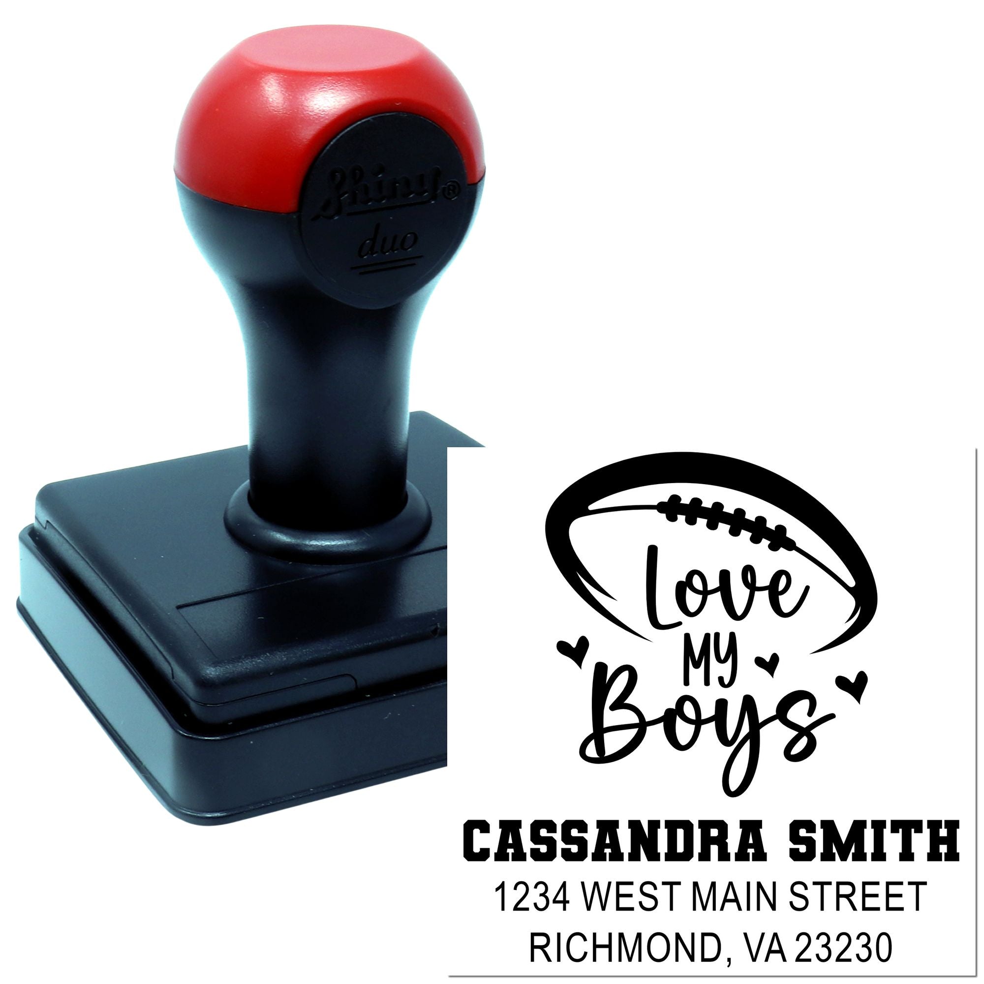 Custom self-inking rubber stamp with Love My Boys football design and personalized name and address for mailing labels