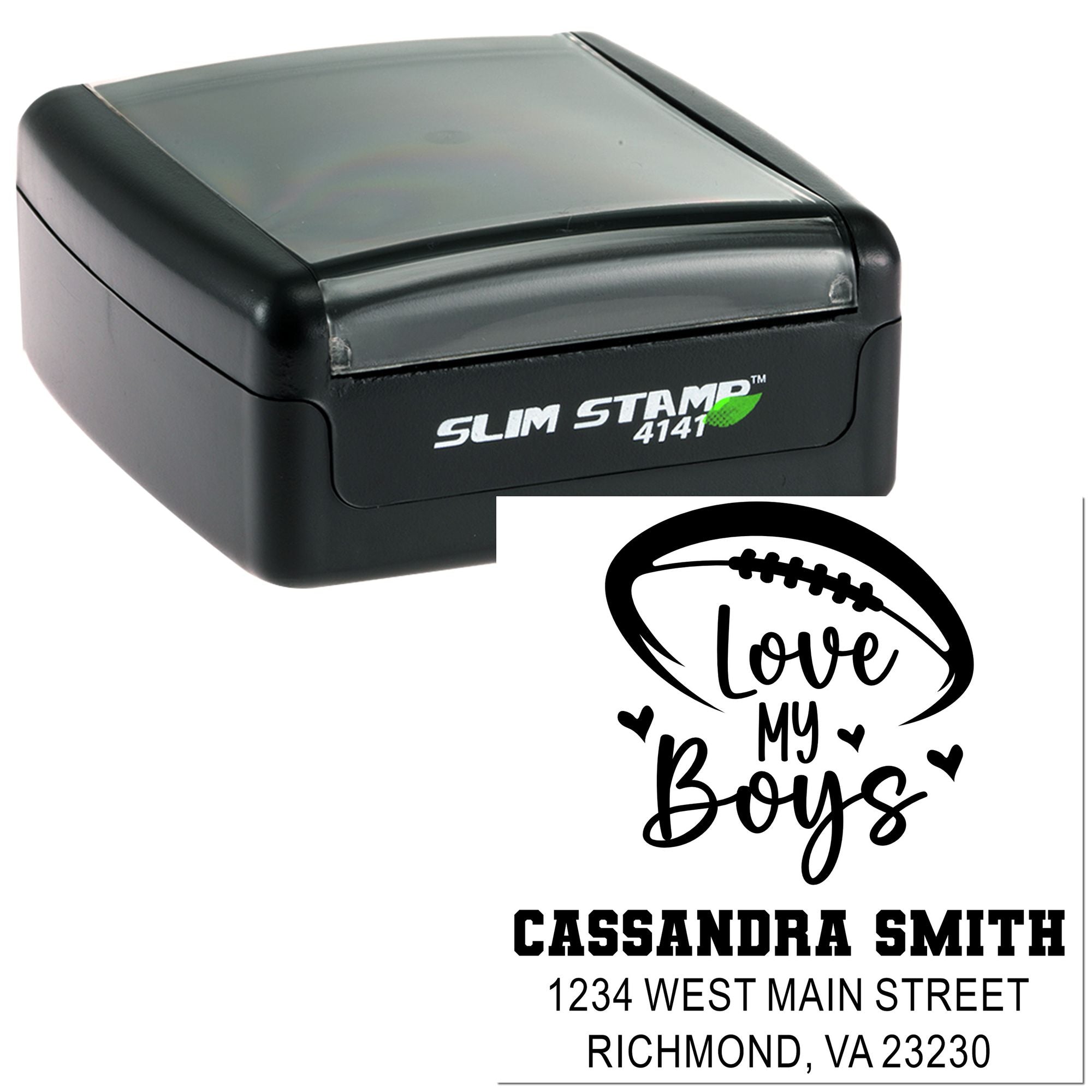 Slim self-inking rubber stamp with custom Love My Boys football design and personalized name-and-address stamp layout.
