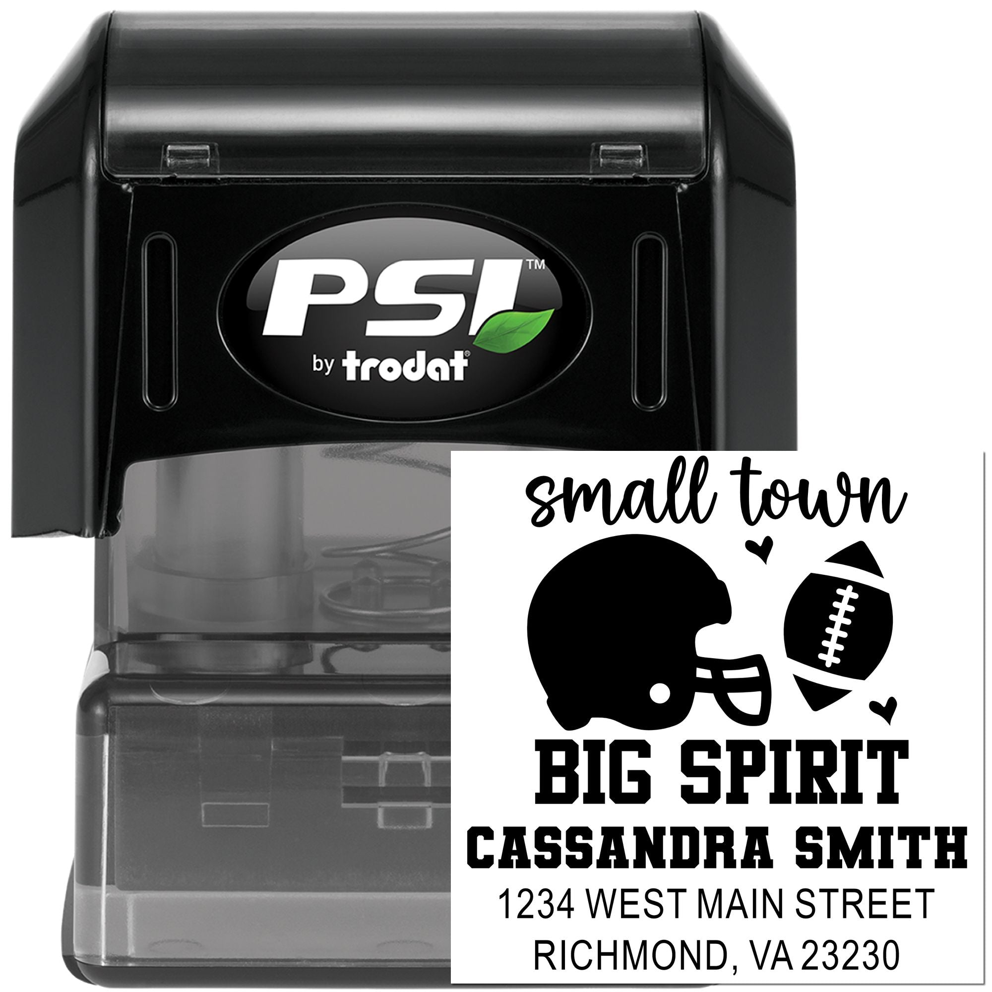 Personalized self-inking rubber stamp with football Small Town Big Spirit design, name, and address for Cassandra Smith.