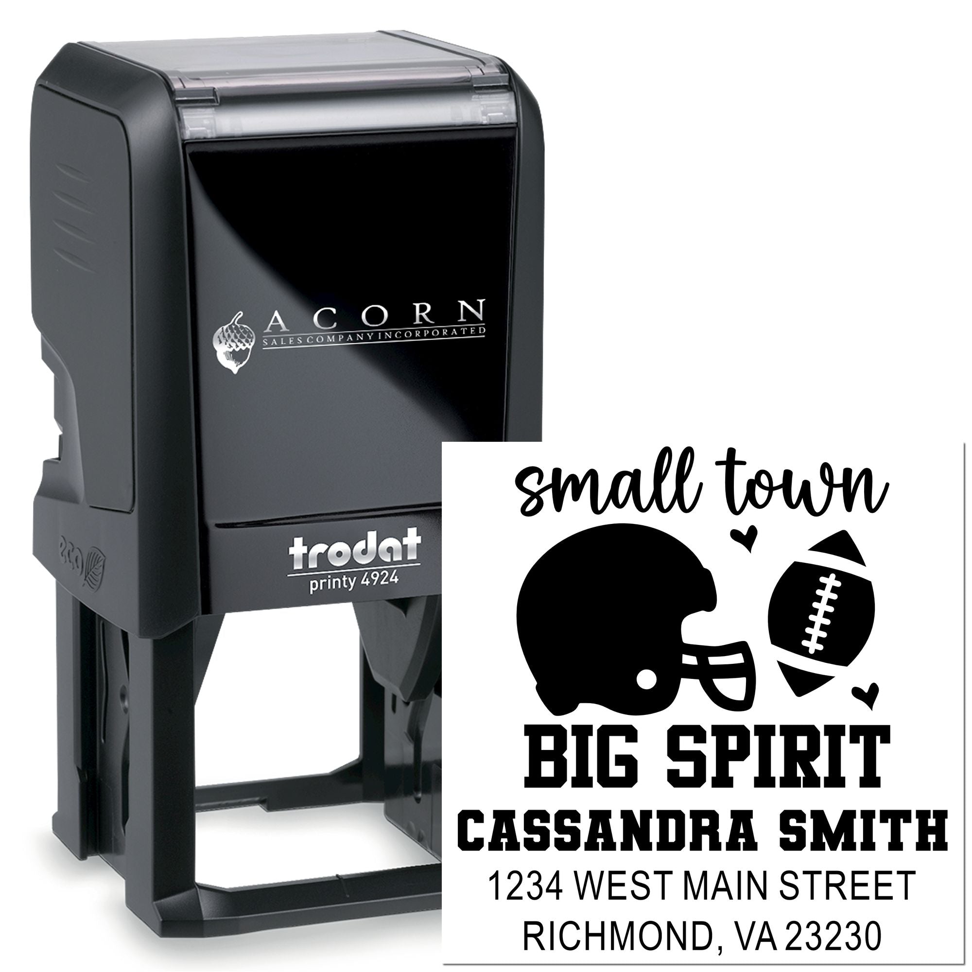 Custom self-inking rubber stamp with football helmet design and return address for small-town spirit mailings