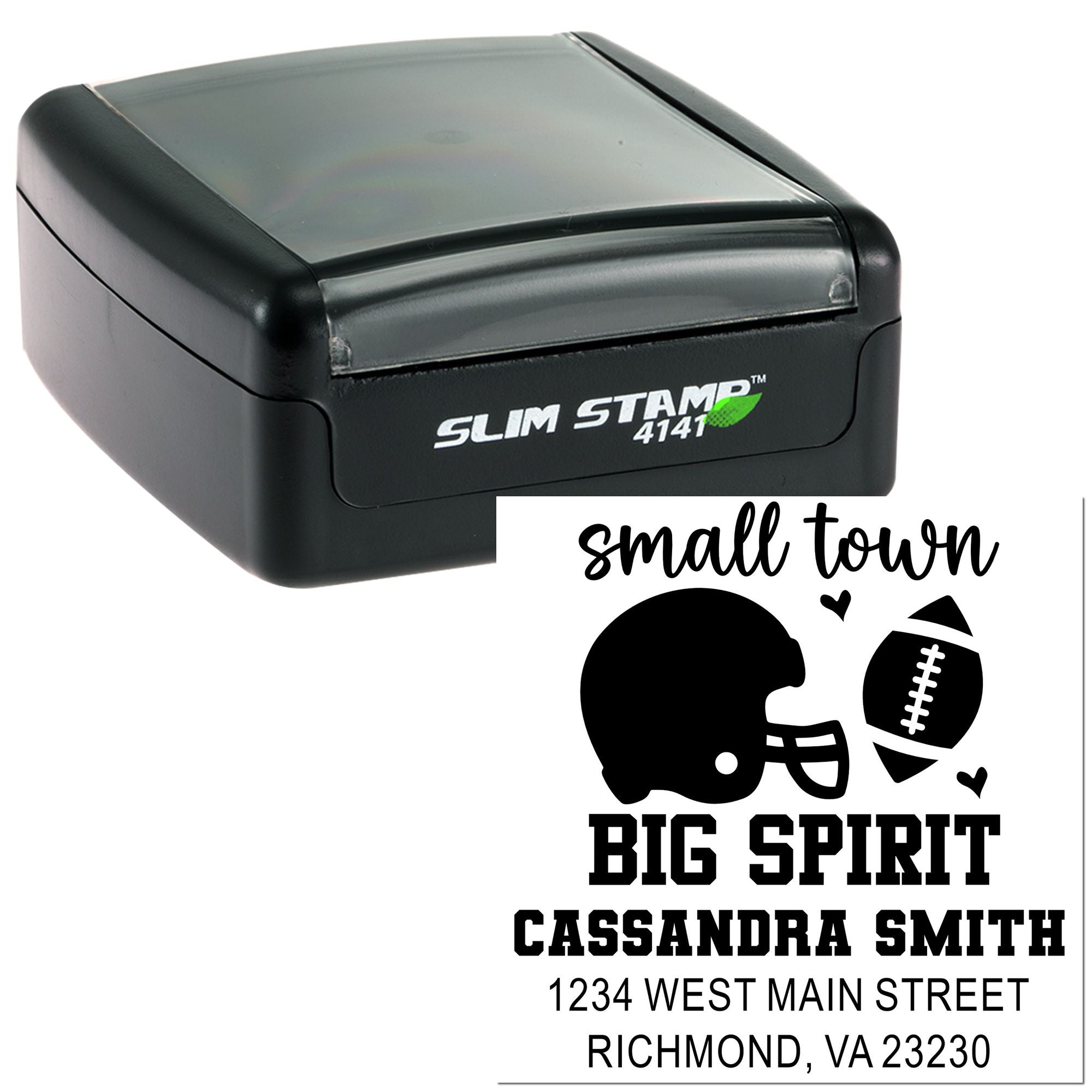 Custom self-inking address stamp with football helmet design and Small Town Big Spirit for Cassandra Smith, Richmond, VA 23230
